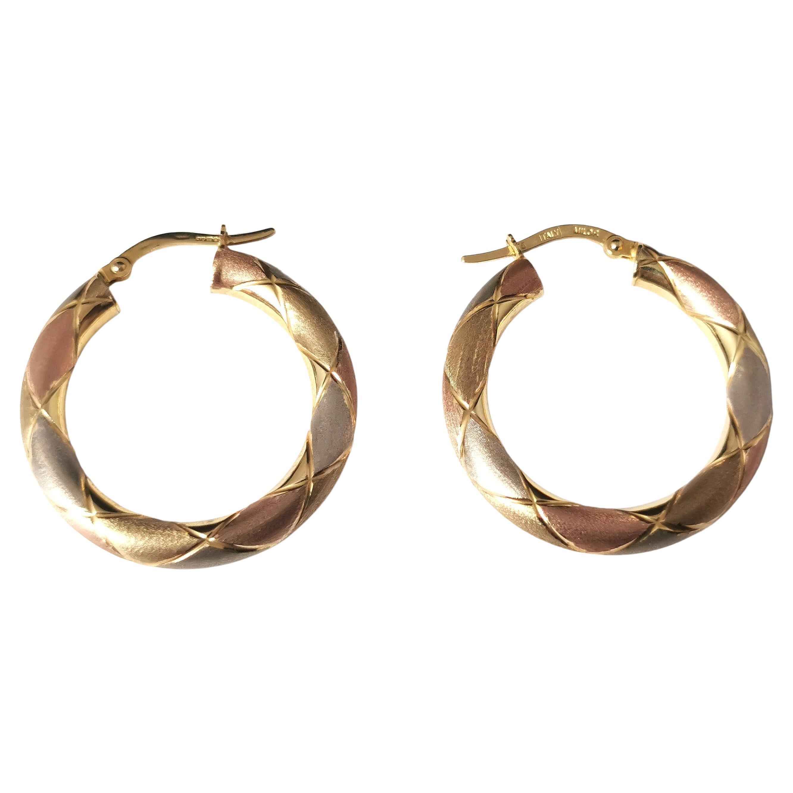 Vintage Tri Colour Gold Hoop Earrings, Italian, Engraved