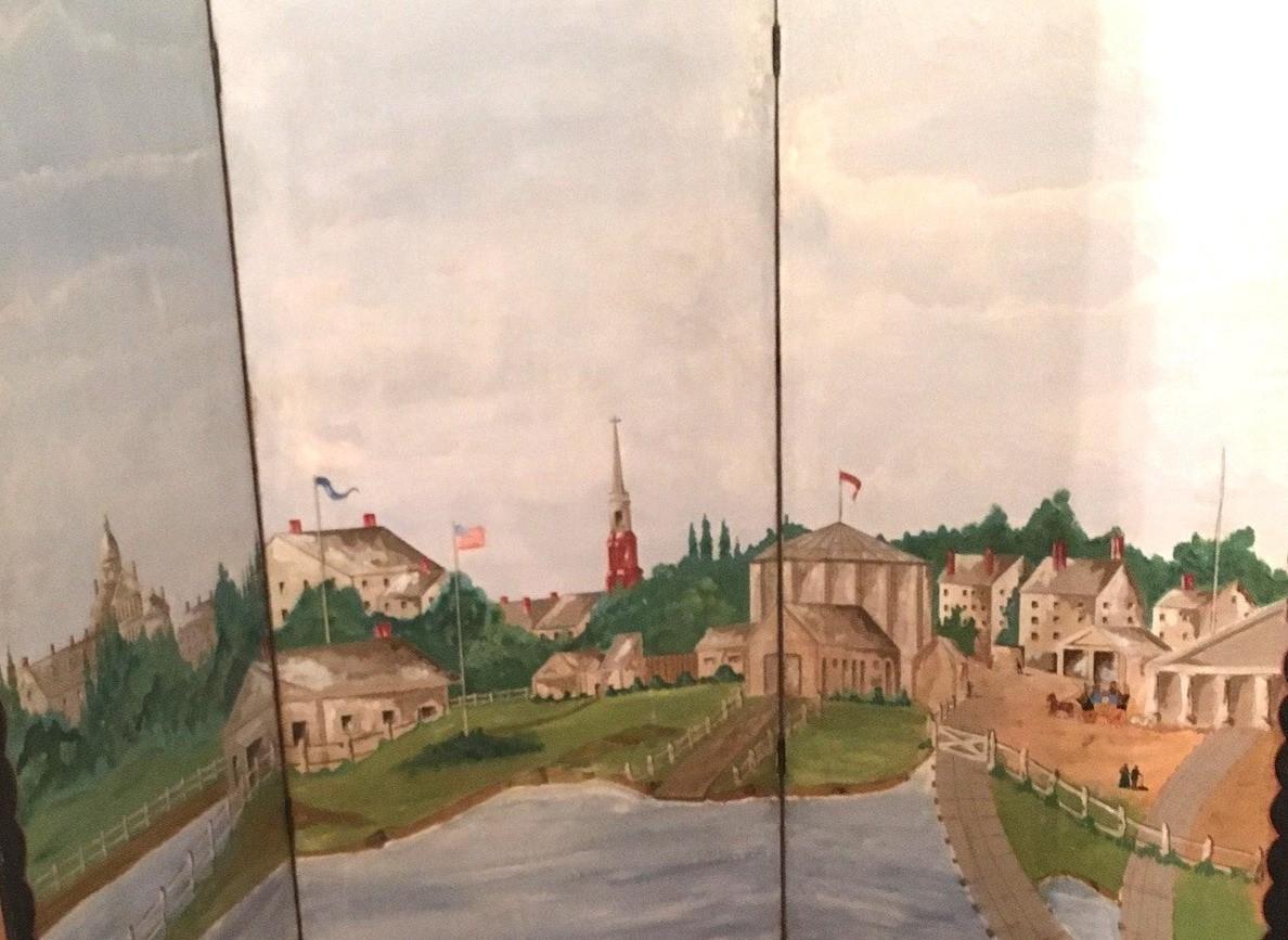 This unique tri-fold screen features a wooden frame with a hand painted oil on canvas view of early Boston Massachusetts. Very colorful and detailed, the bottom third highlights a different phaeton carriage in each of the twenty-two inch wide