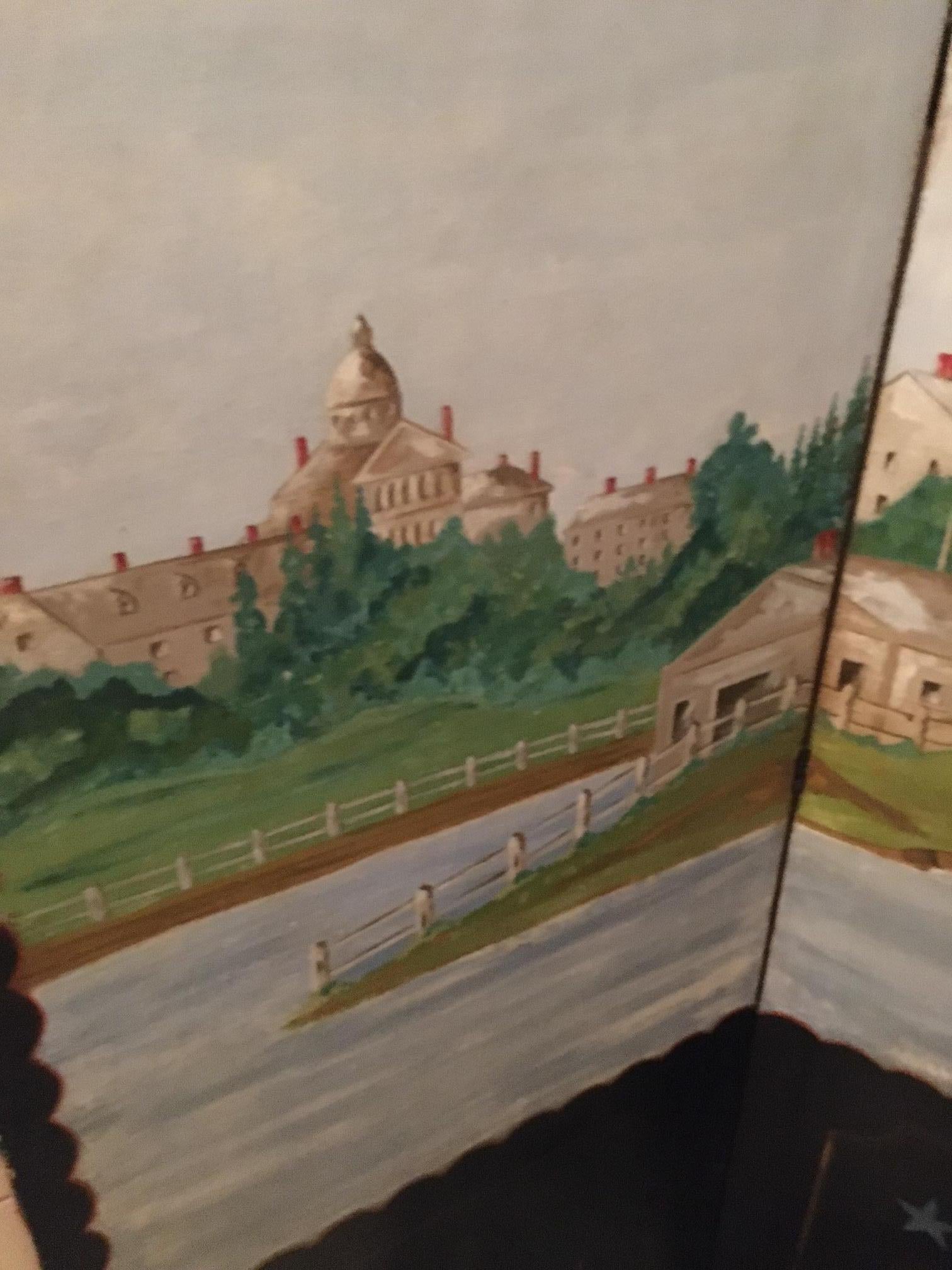 Folk Art Vintage Tri Folding Hand Painted Screen w/ Scene of Early Boston Massachusetts For Sale