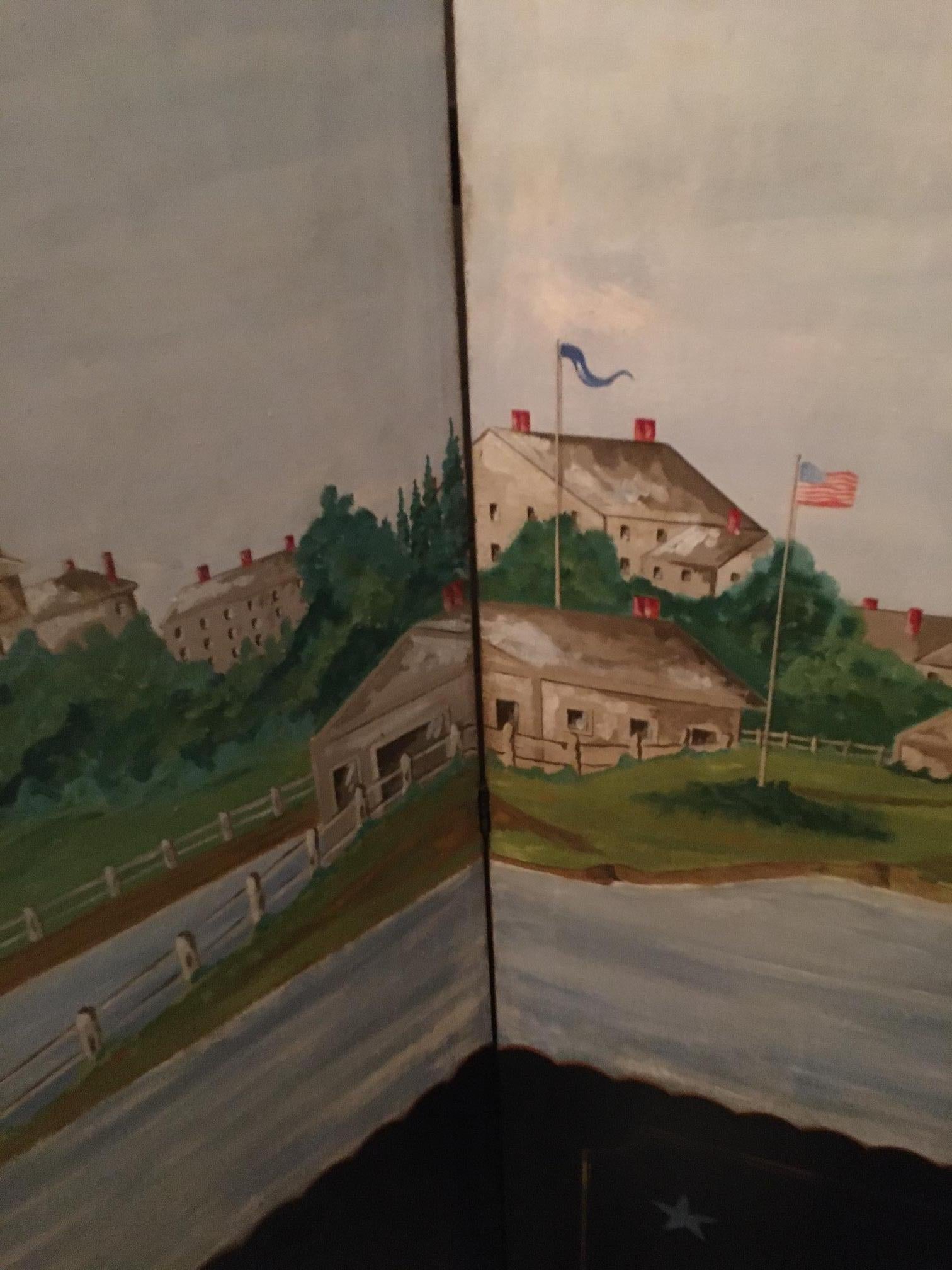 American Vintage Tri Folding Hand Painted Screen w/ Scene of Early Boston Massachusetts For Sale