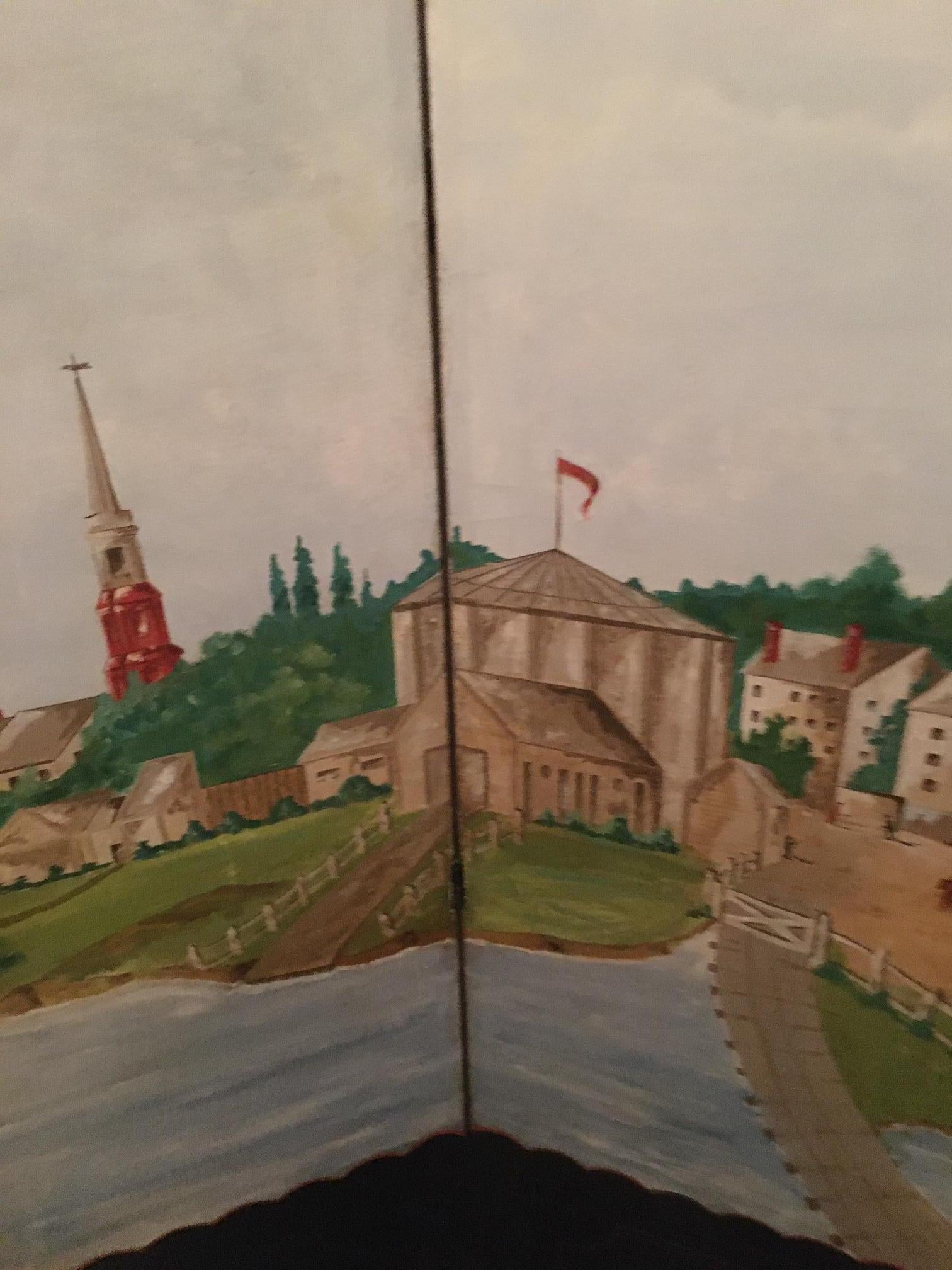 Hand-Painted Vintage Tri Folding Hand Painted Screen w/ Scene of Early Boston Massachusetts For Sale