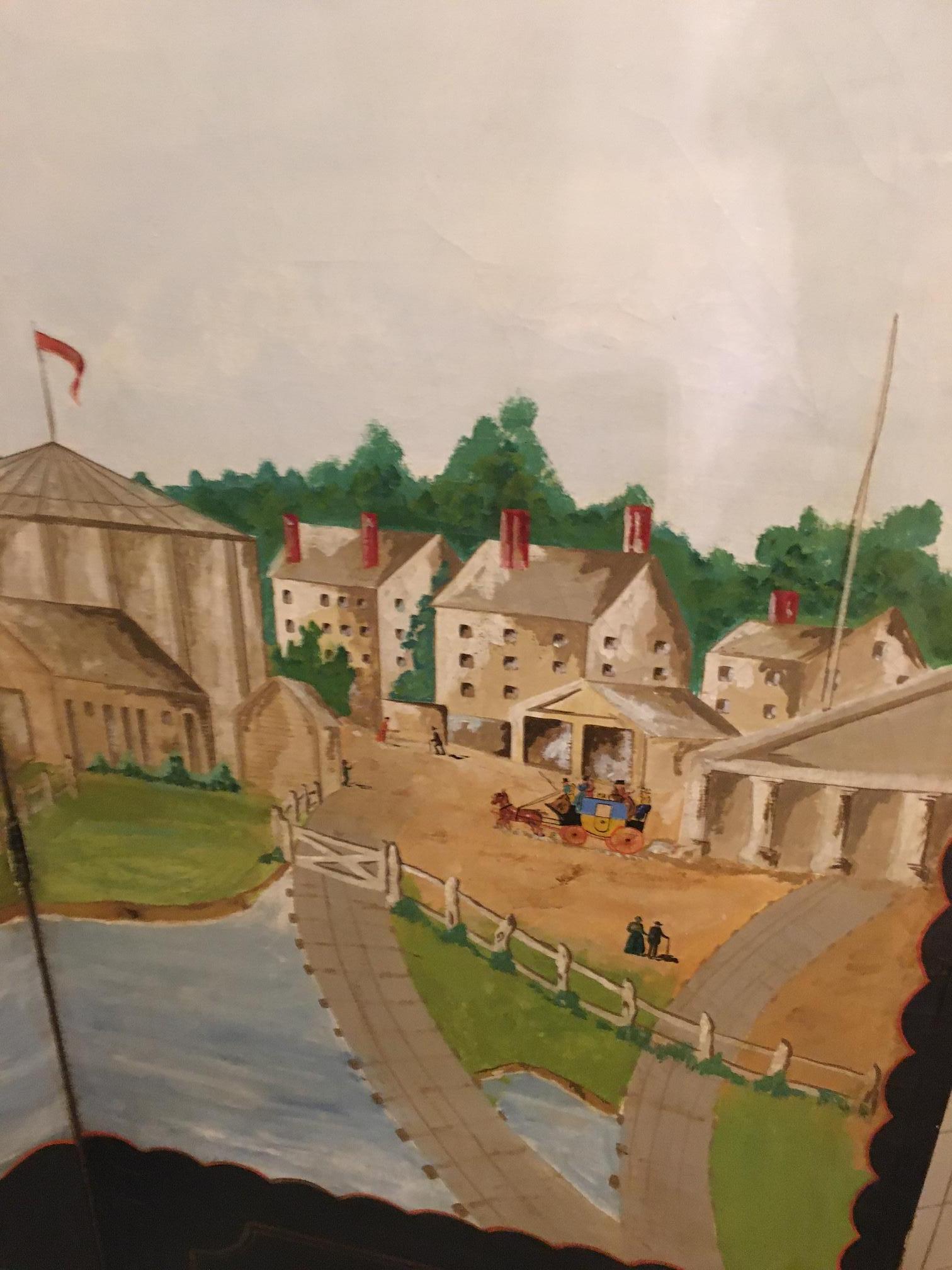 Vintage Tri Folding Hand Painted Screen w/ Scene of Early Boston Massachusetts In Good Condition For Sale In Savannah, GA