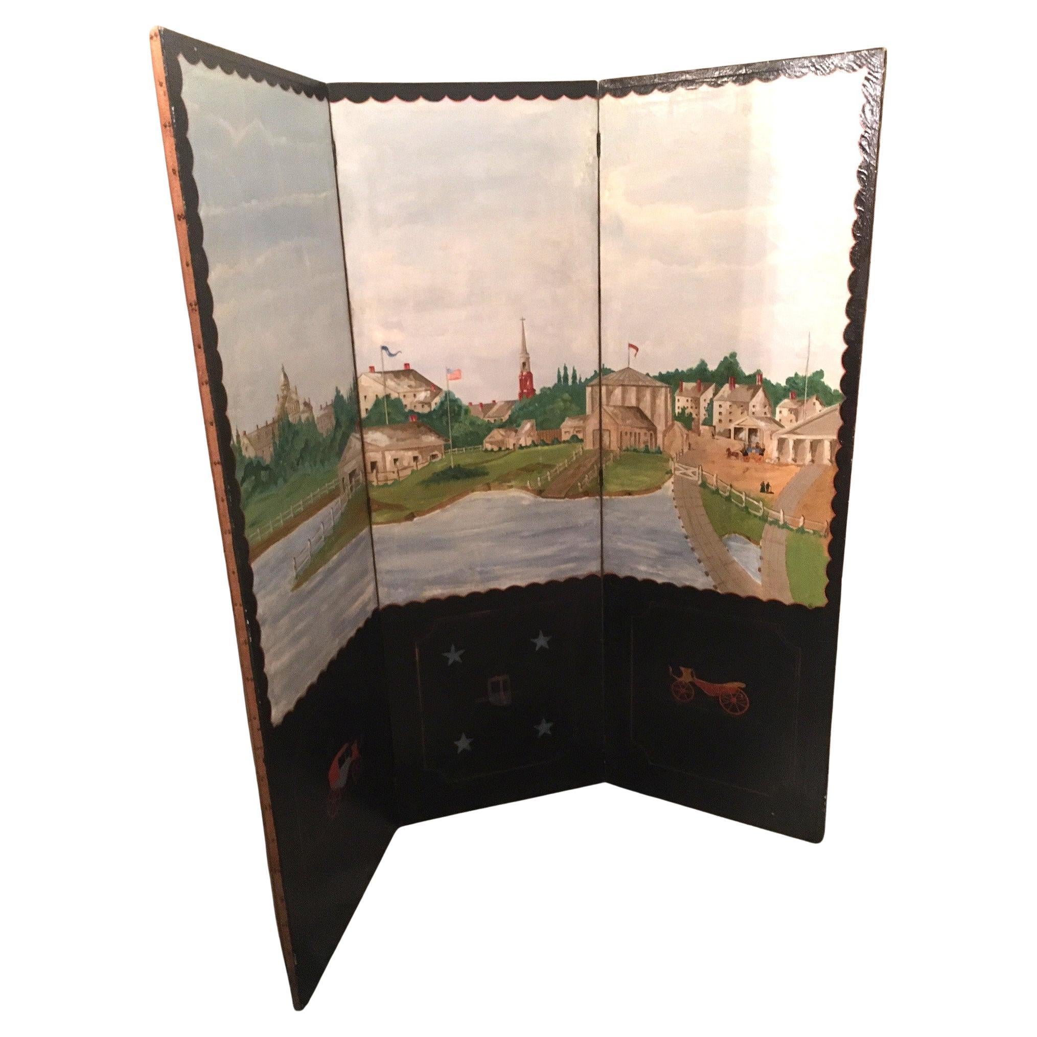 Vintage Tri Folding Hand Painted Screen w/ Scene of Early Boston Massachusetts For Sale