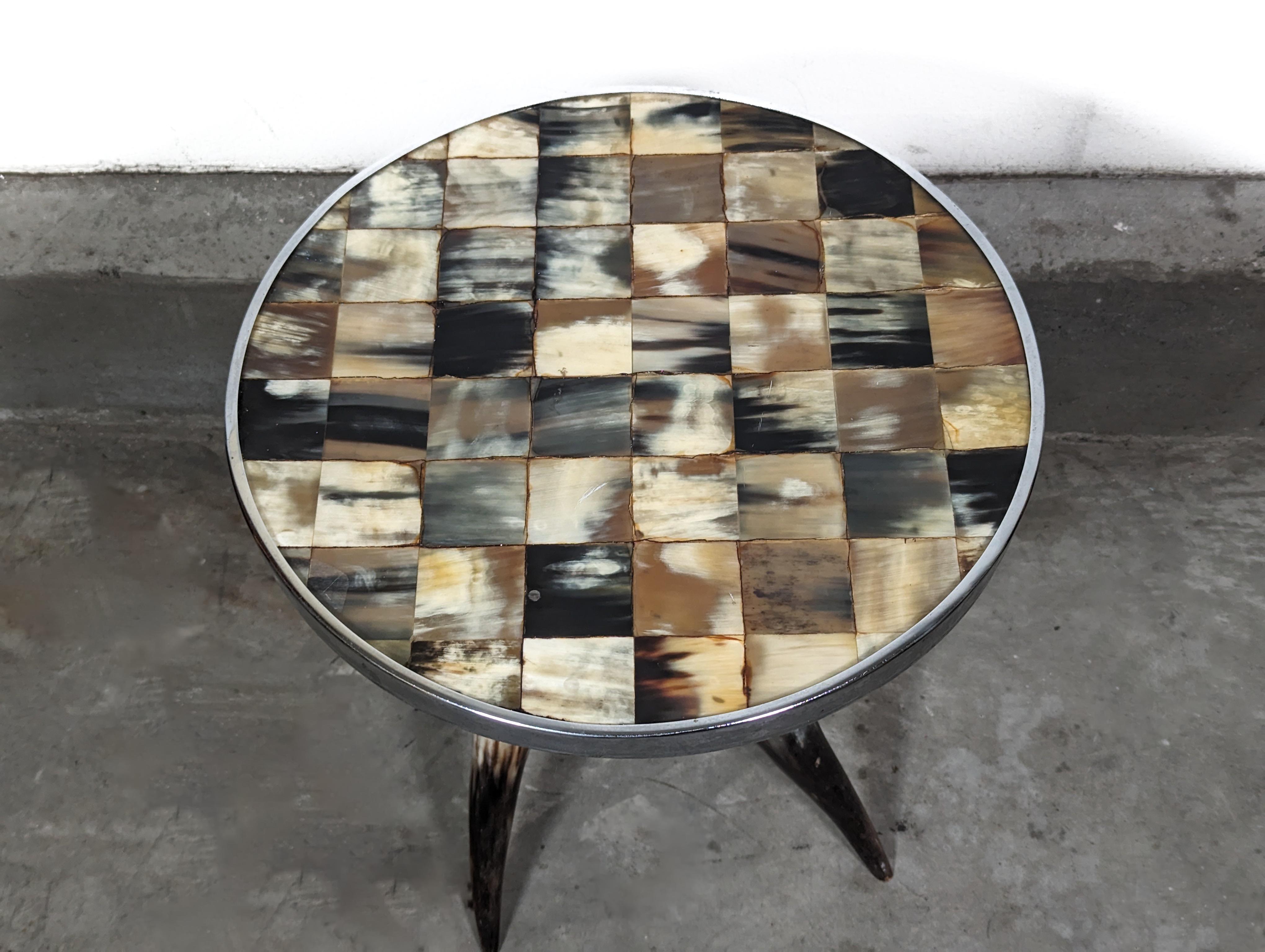 American Vintage Tri Legged Horn Side End Table with Tiled Top, c1990s For Sale