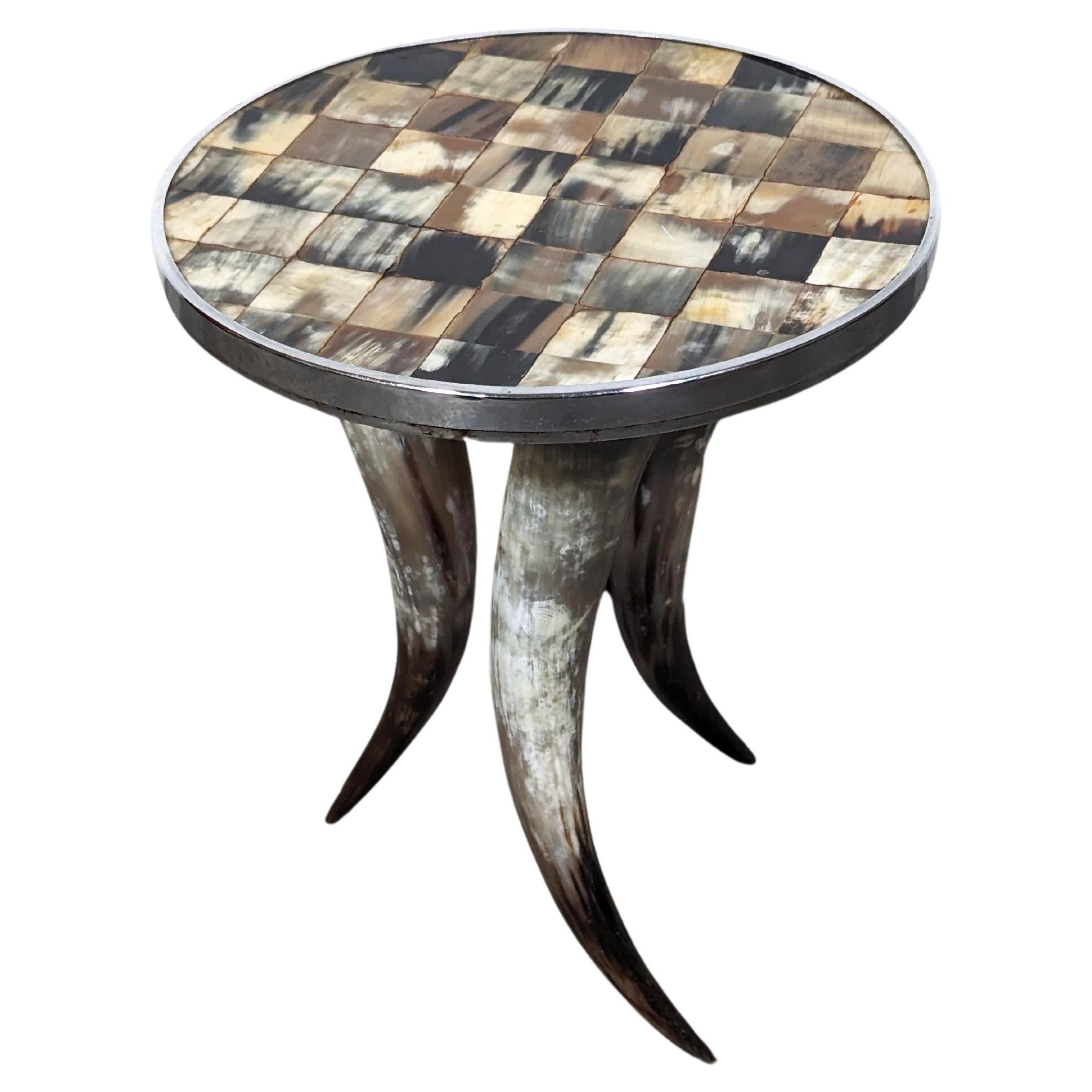 Vintage Tri Legged Horn Side End Table with Tiled Top, c1990s For Sale