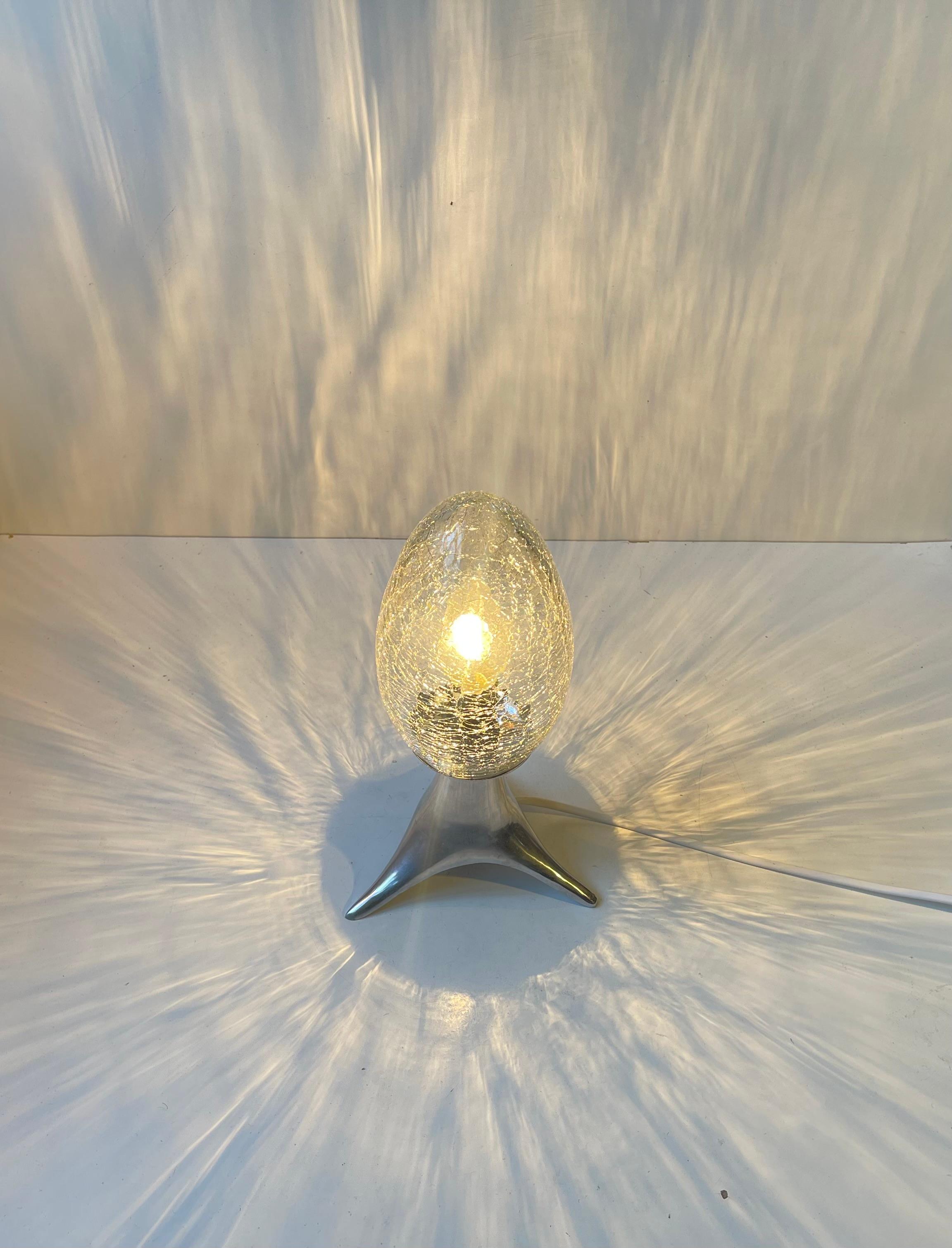 Aluminum Vintage Tri-stand Table Lamp with Craquelé Glass Egg Shade For Sale