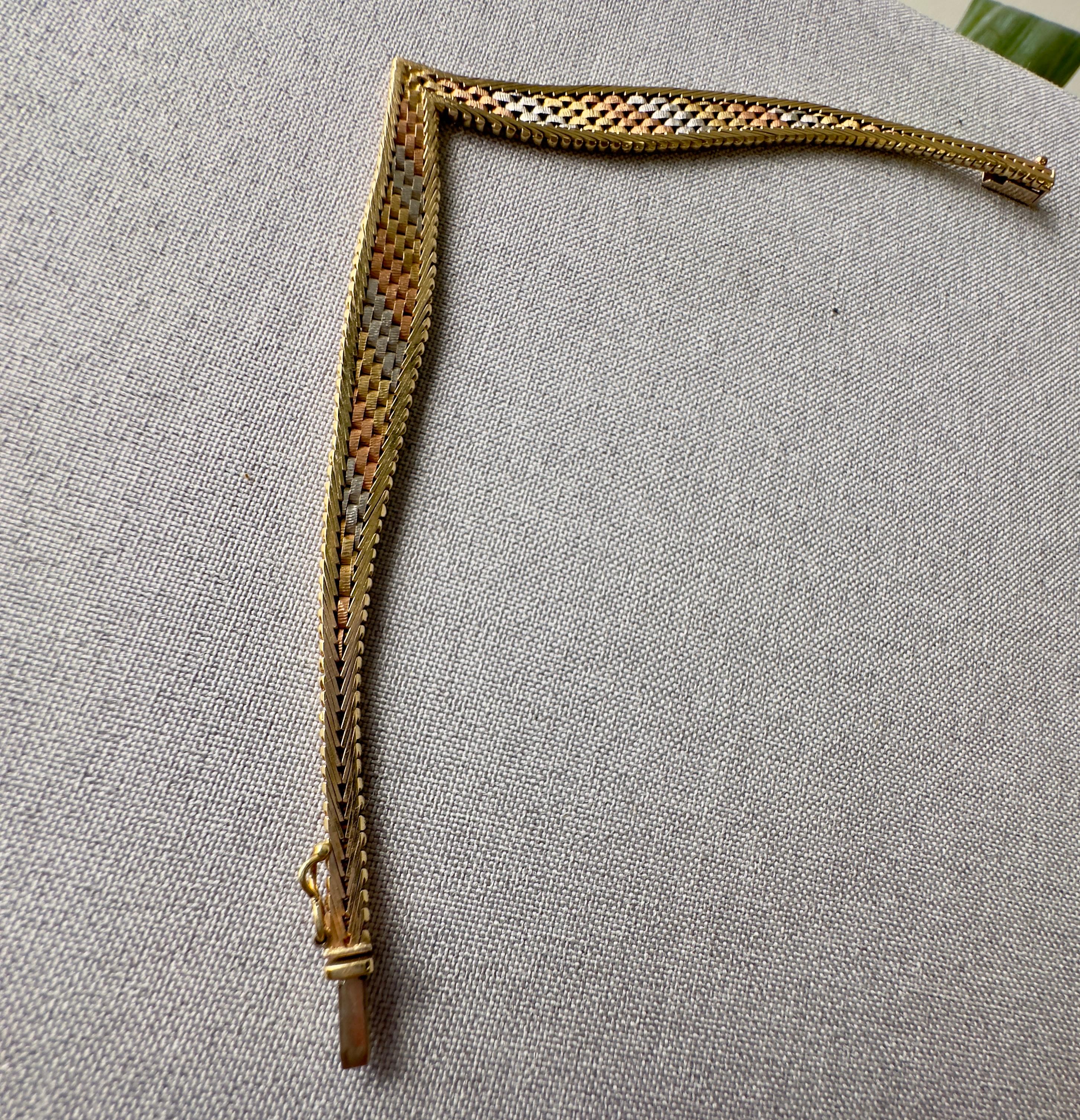 Vintage Tri-Tone 14K Italian Gold Bracelet For Sale 2