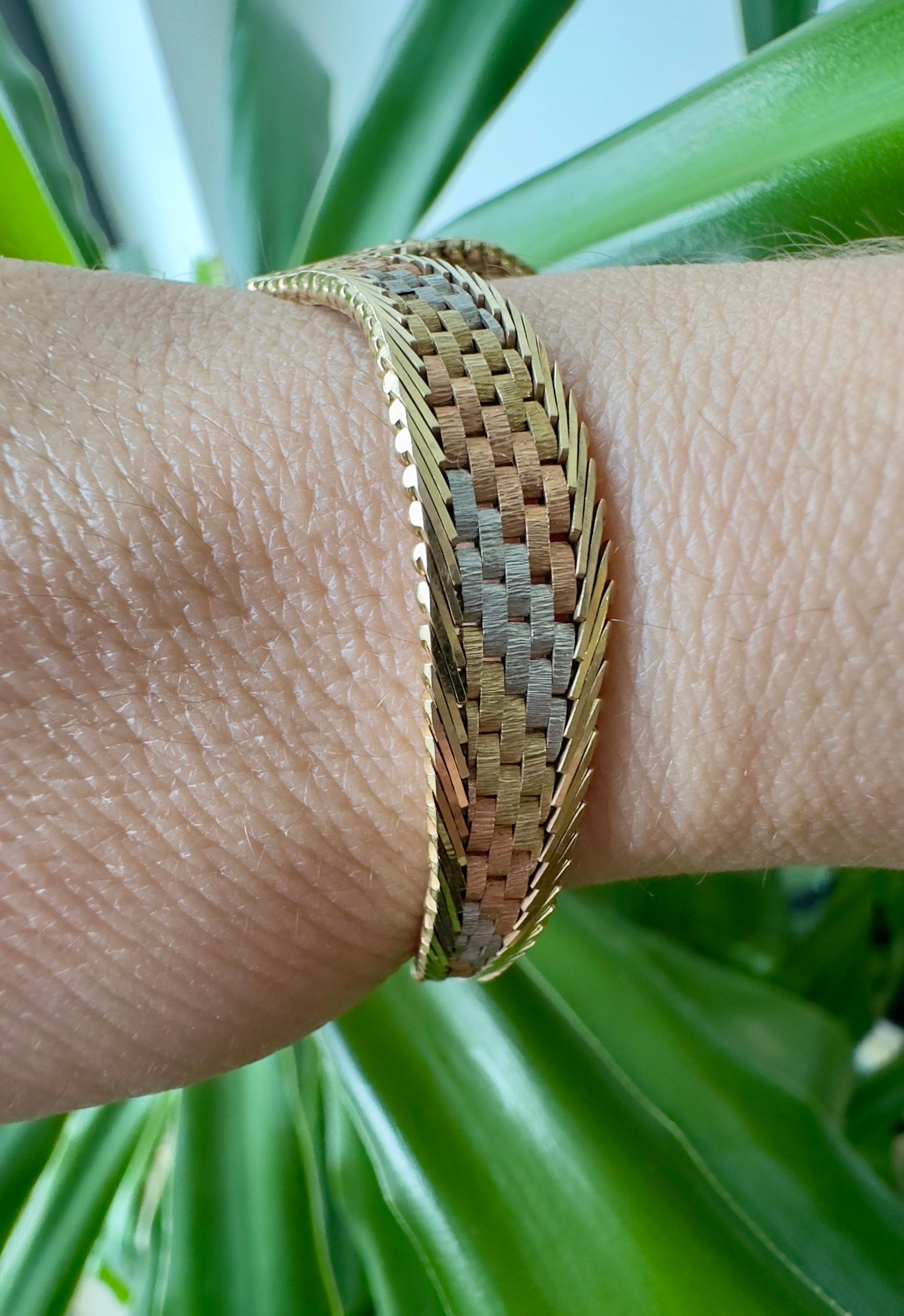 Vintage Tri-Tone 14K Italian Gold Bracelet For Sale 3
