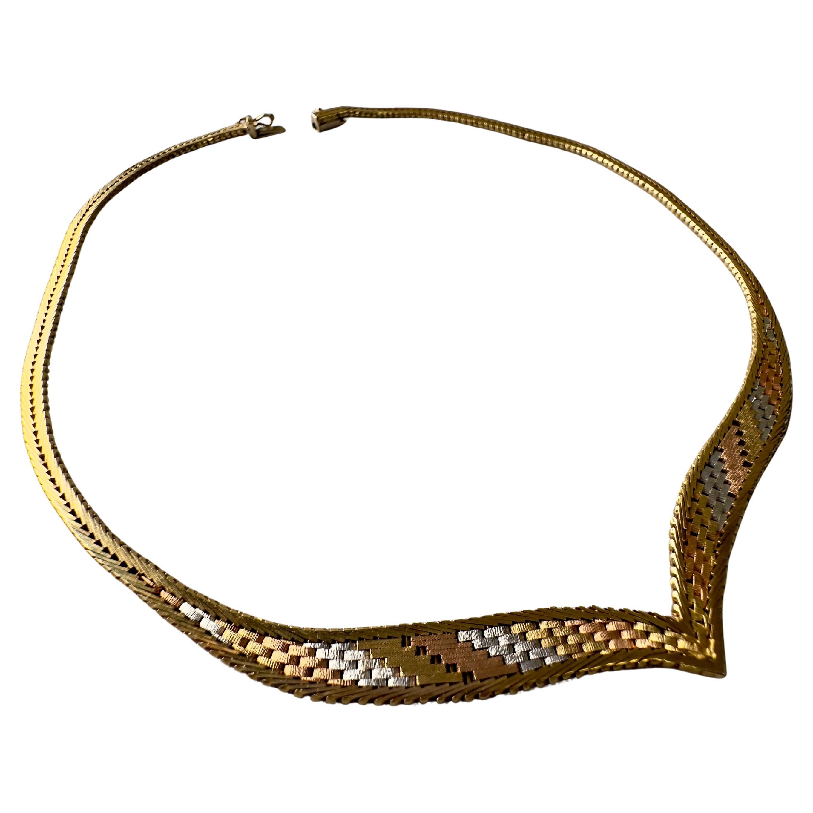 Vintage Tri-Tone 14K Italian Gold Collar Necklace For Sale 1