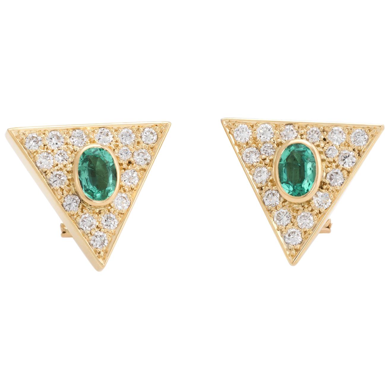 Vintage Triangle Earrings Emerald Diamond 14 Karat Gold Estate Fine Jewelry