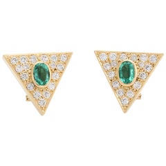 Vintage Triangle Earrings Emerald Diamond 14 Karat Gold Estate Fine Jewelry