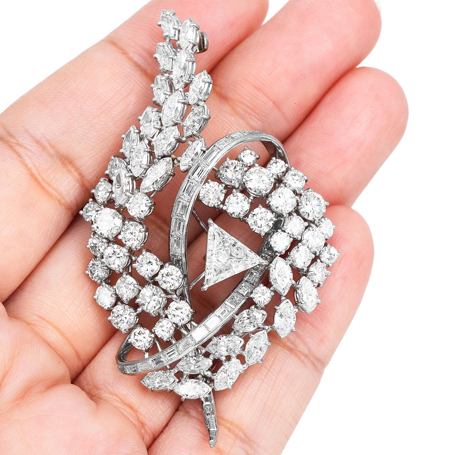 Vintage Triangular Diamond Platinum Cluster Geometric Brooch Pin 1