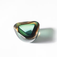 Thick Murano Glass Bowl, Green and Yellow, Triangular