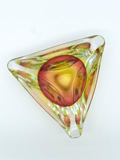 Vintage Triangular Murano Accent Bowl in Red, Green and Yellow "Sommerso" Glass