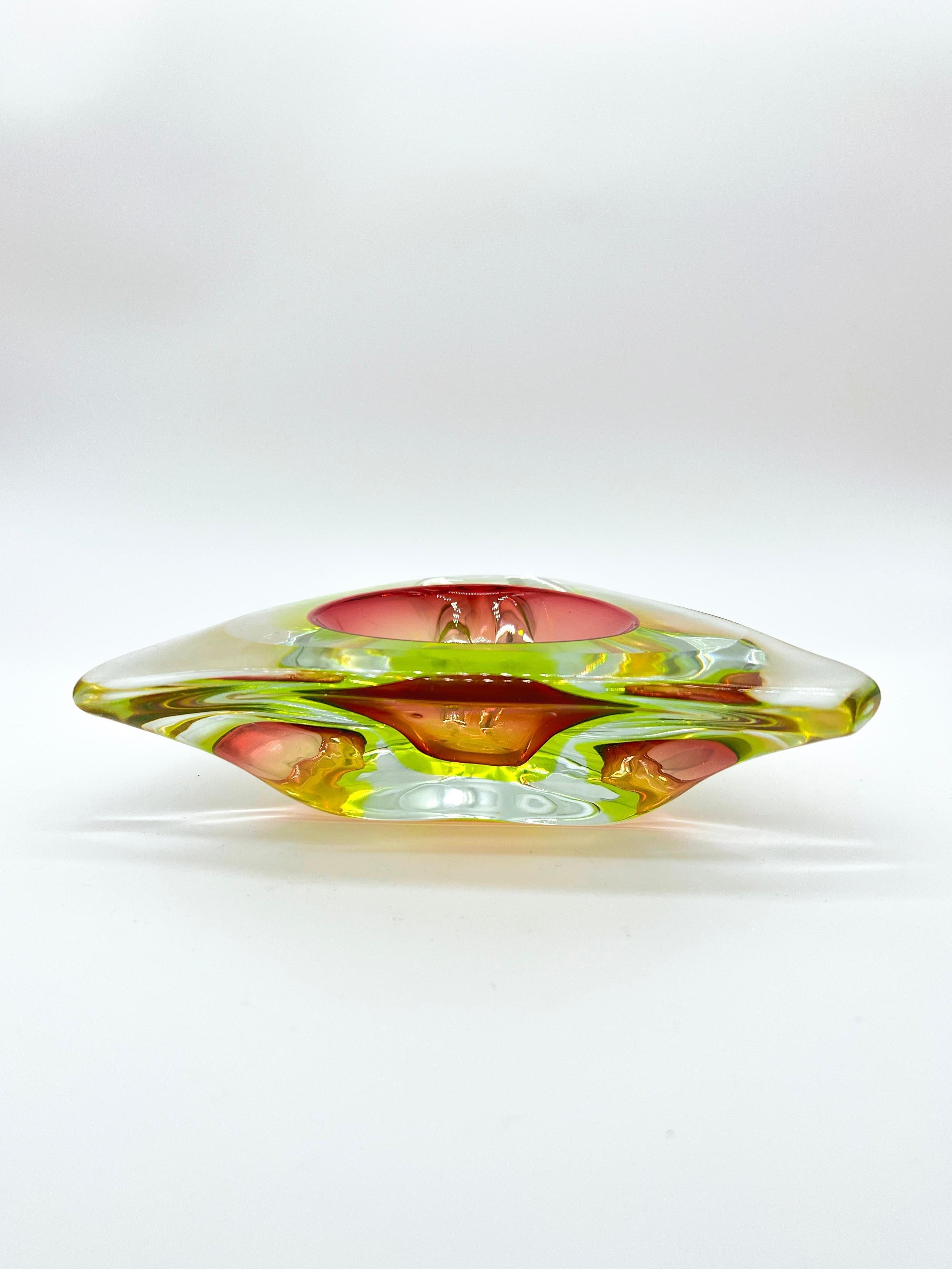 Italian Vintage Triangular Murano Accent Bowl in Red, Green and Yellow 