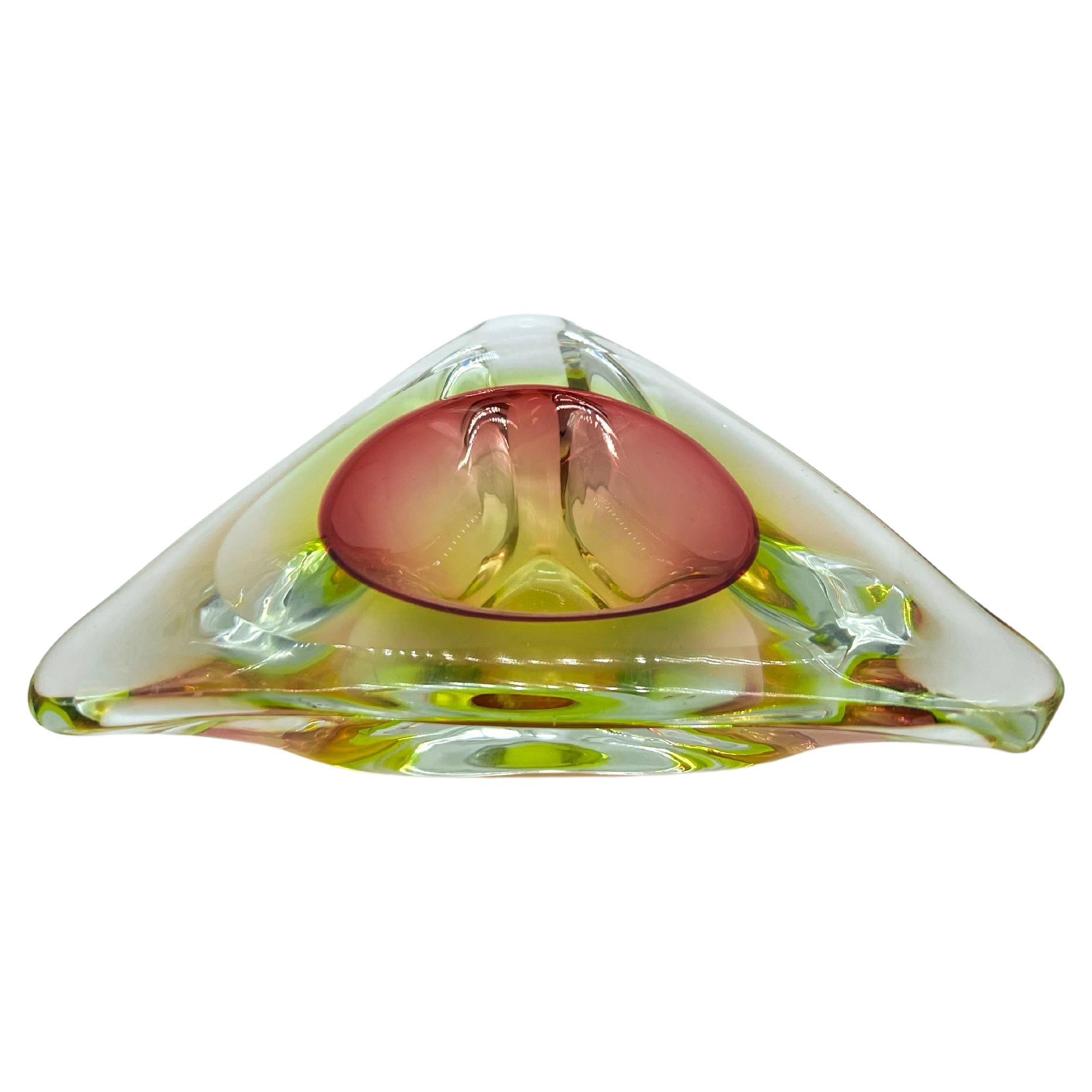 Vintage Triangular Murano Accent Bowl in Red, Green and Yellow "Sommerso" Glass For Sale
