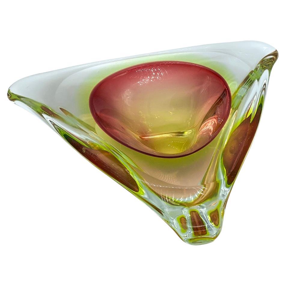 Vintage Triangular Murano Accent Bowl in Red, Green and Yellow "Sommerso" Glass