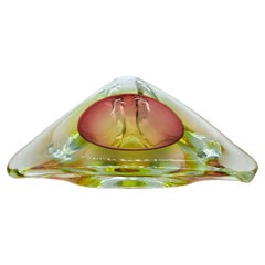Vintage Triangular Murano Accent Bowl in Red, Green and Yellow "Sommerso" Glass