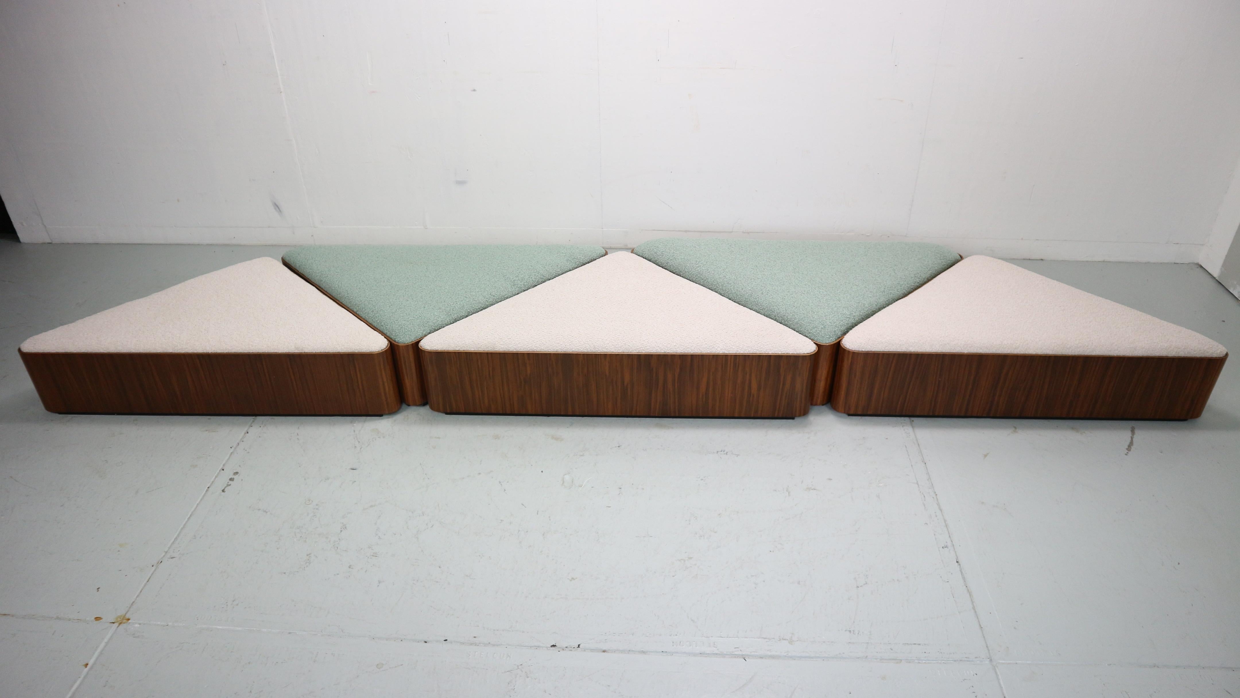 Vintage triangular plywood with boucle-fabric sit element / Ottoman, 1970s For Sale 3