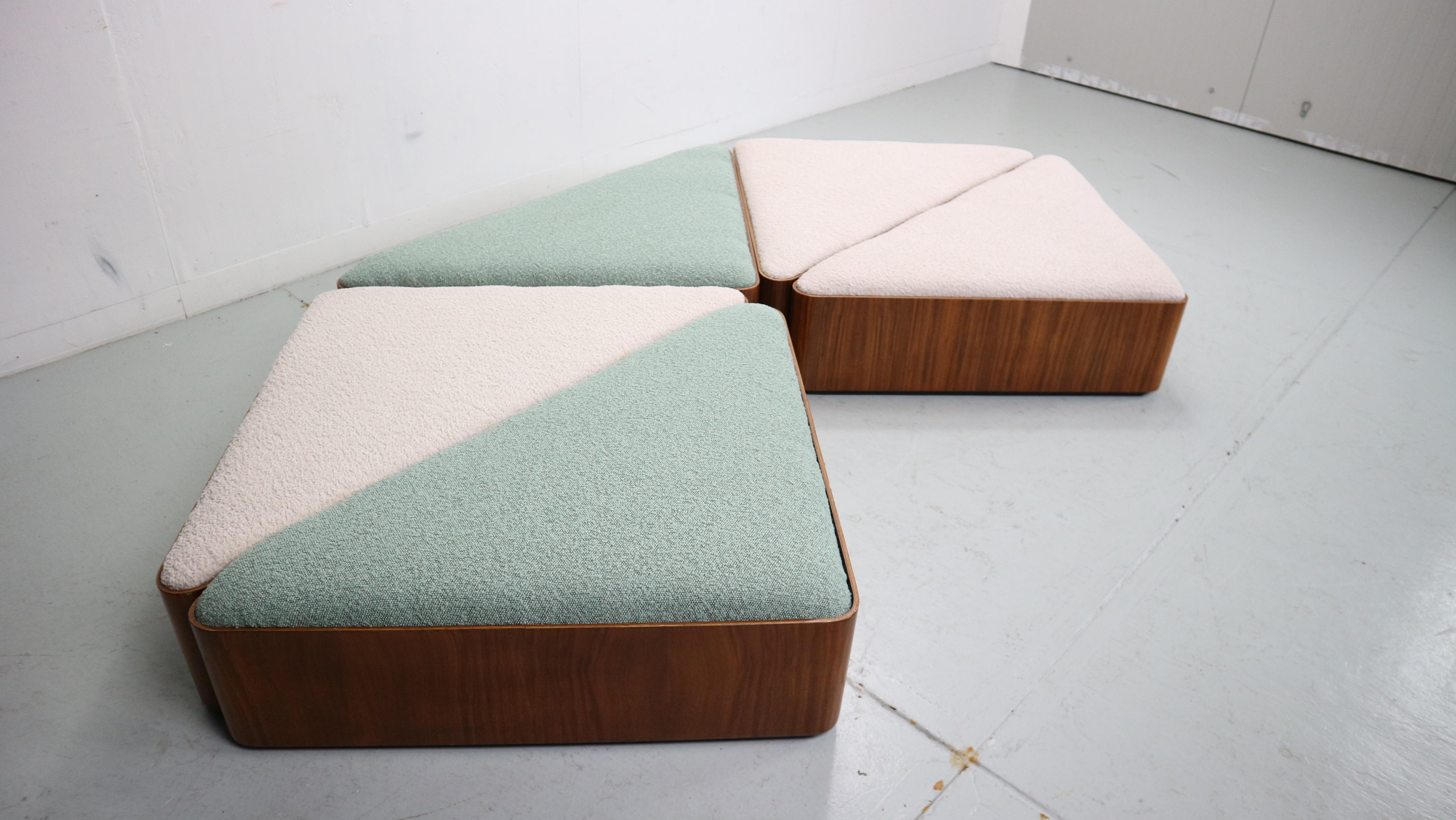 Vintage triangular plywood with boucle-fabric sit element / Ottoman, 1970s For Sale 4