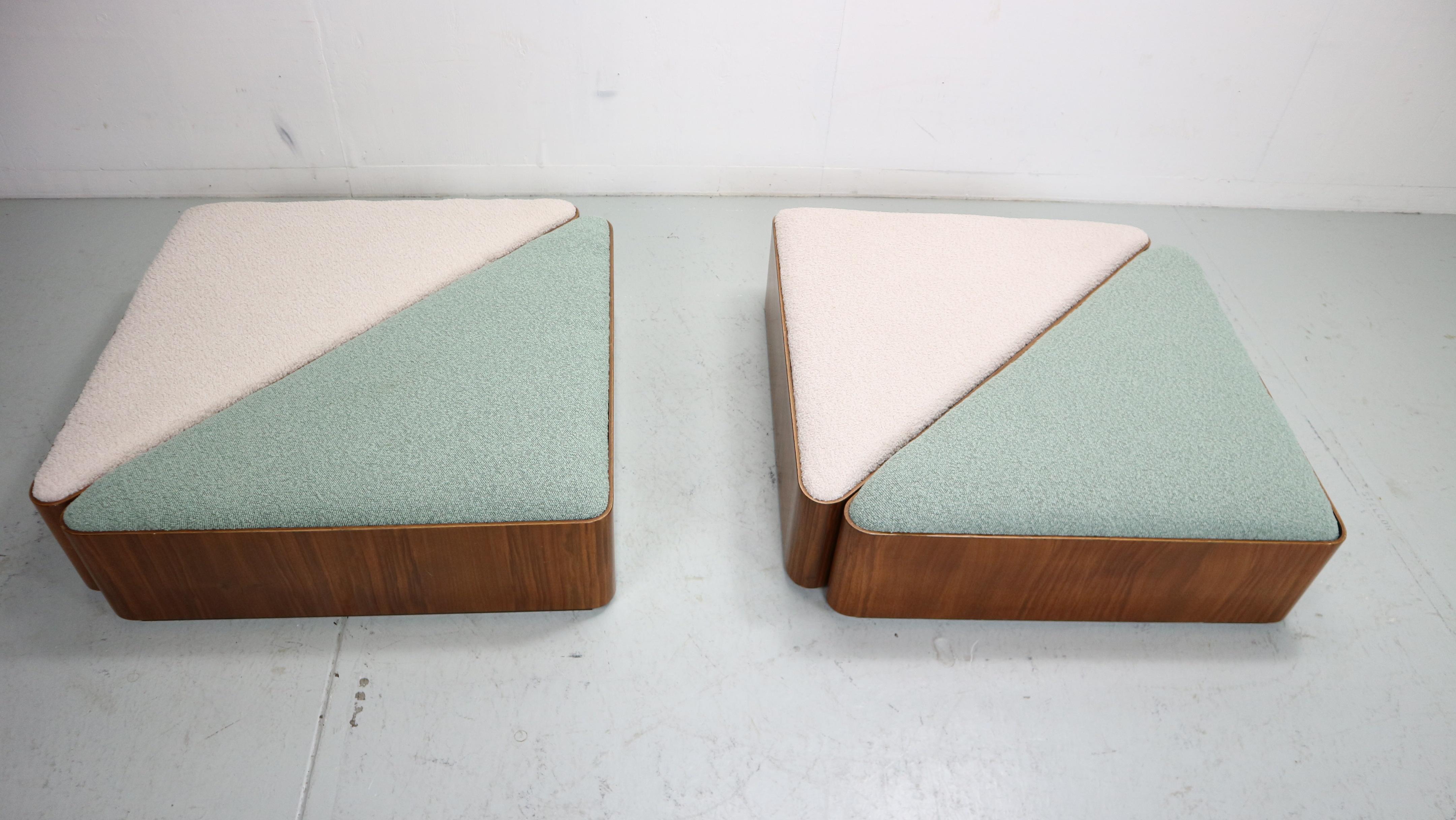 Vintage triangular plywood with boucle-fabric sit element / Ottoman, 1970s For Sale 7