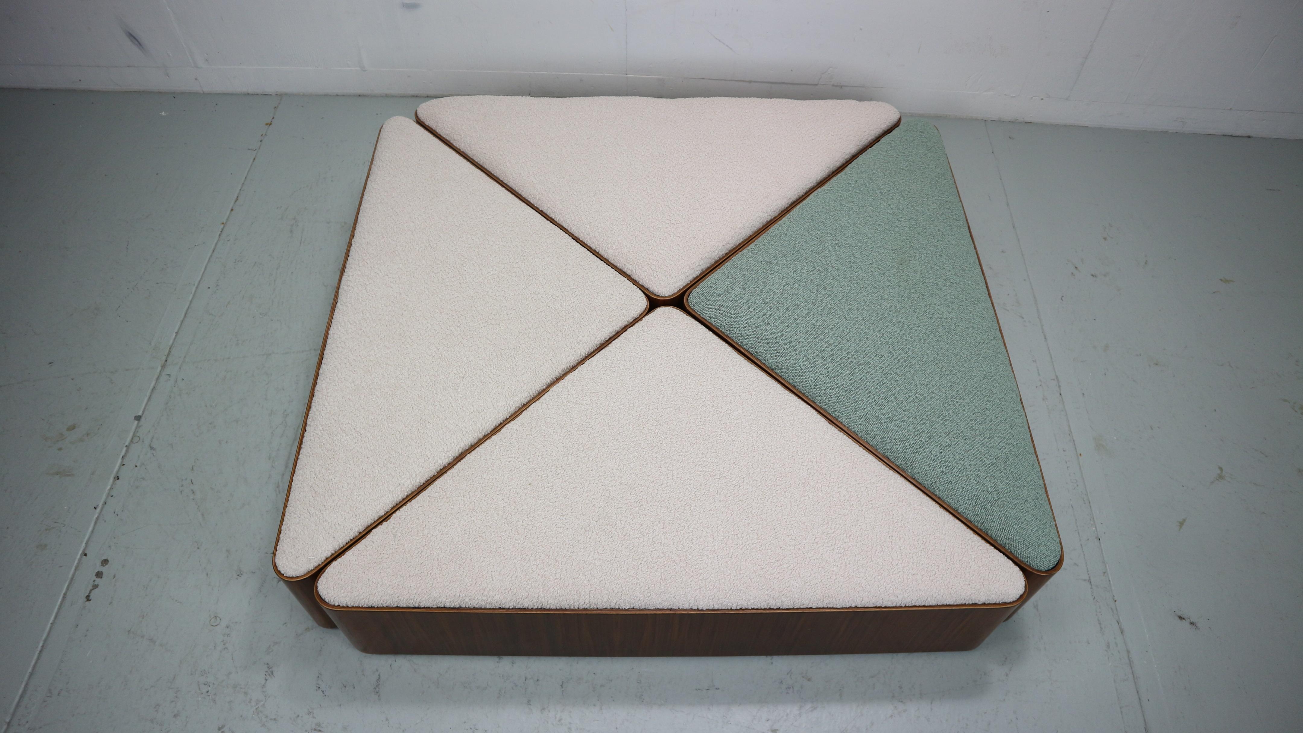 Vintage triangular plywood with boucle-fabric sit element / Ottoman, 1970s For Sale 10