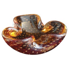 Vintage triangular shaped Venetian Murano Glass dish in Amber with tiny bubbles