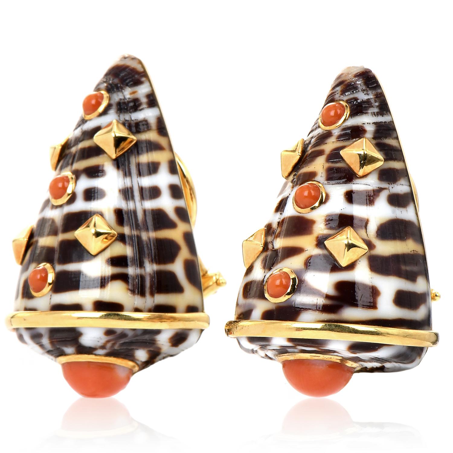 Antique Cushion Cut Vintage Trianon Seaman Shepps Shell and Coral 18k Gold Earrings