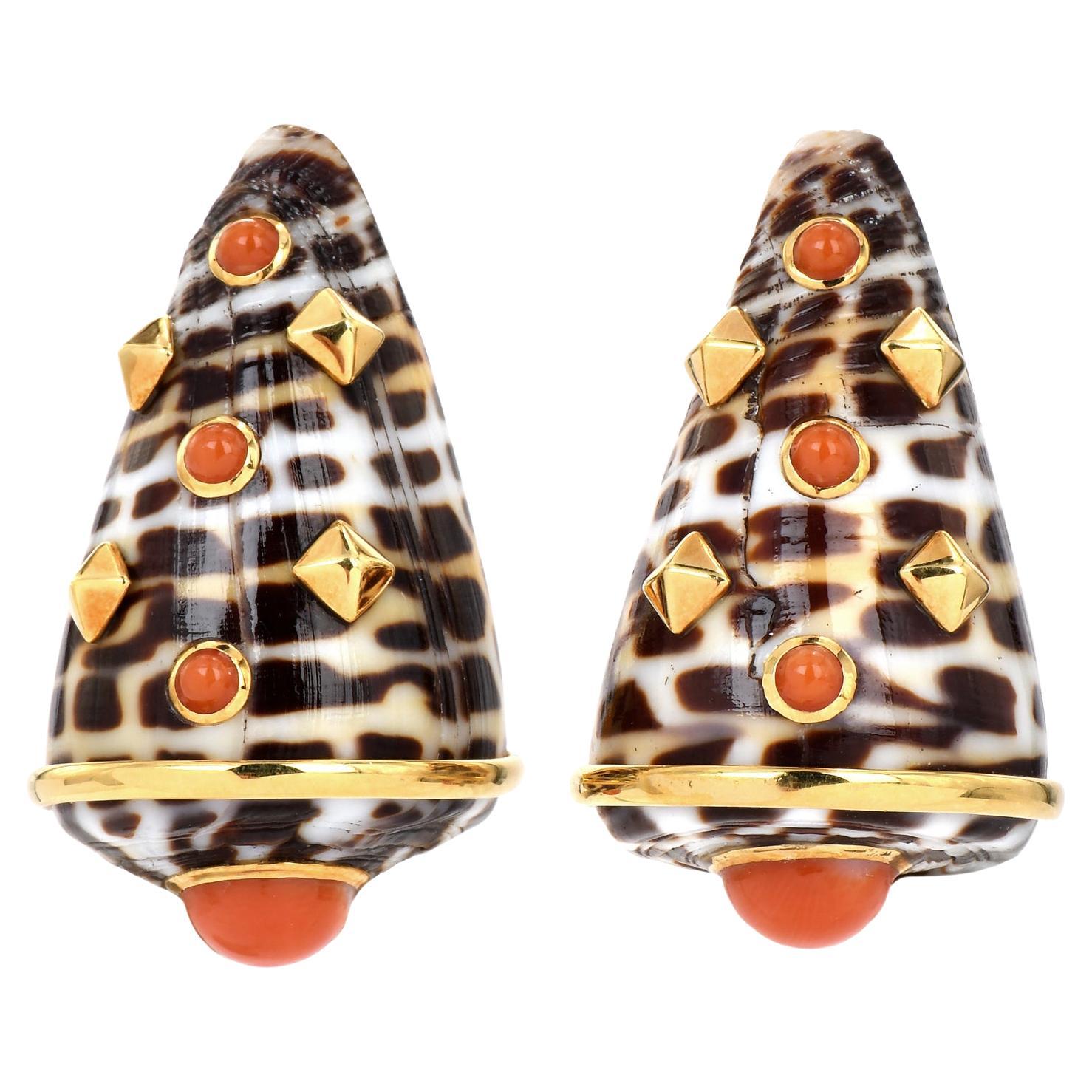 Vintage Trianon Seaman Shepps Shell and Coral 18k Gold Earrings