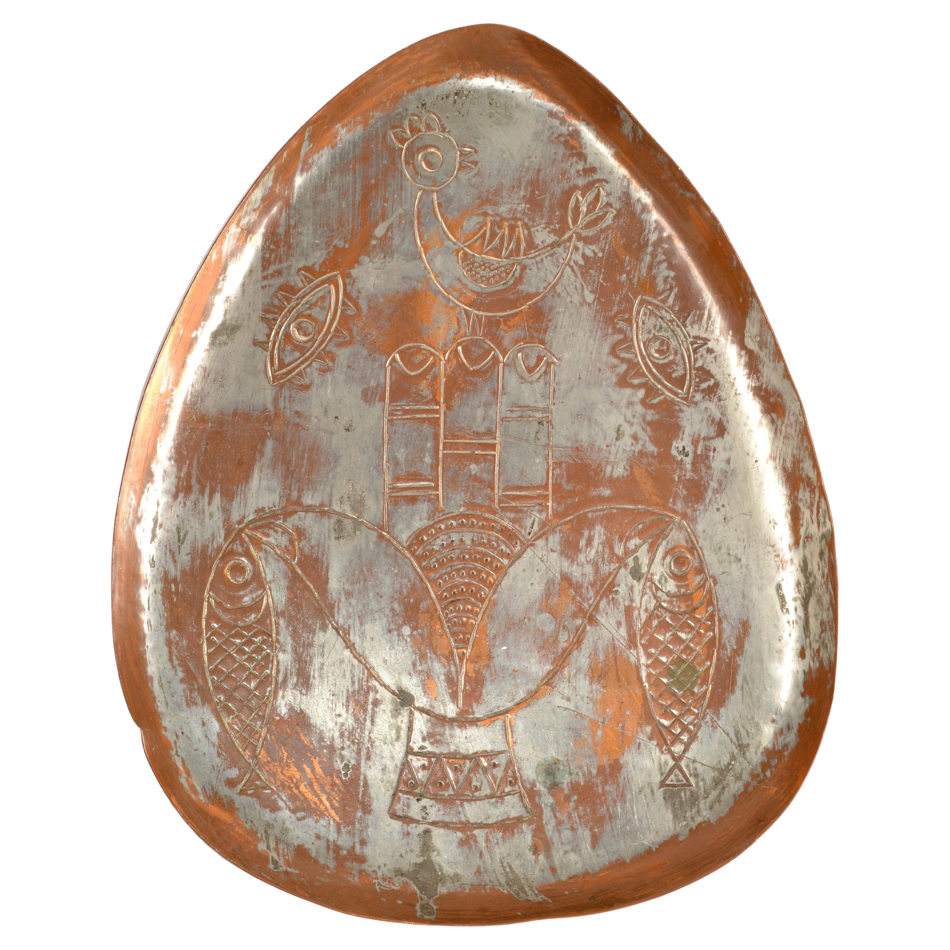 Vintage Tribal Arts & Crafts Movement Hammered Copper Triangle Decorative Plate