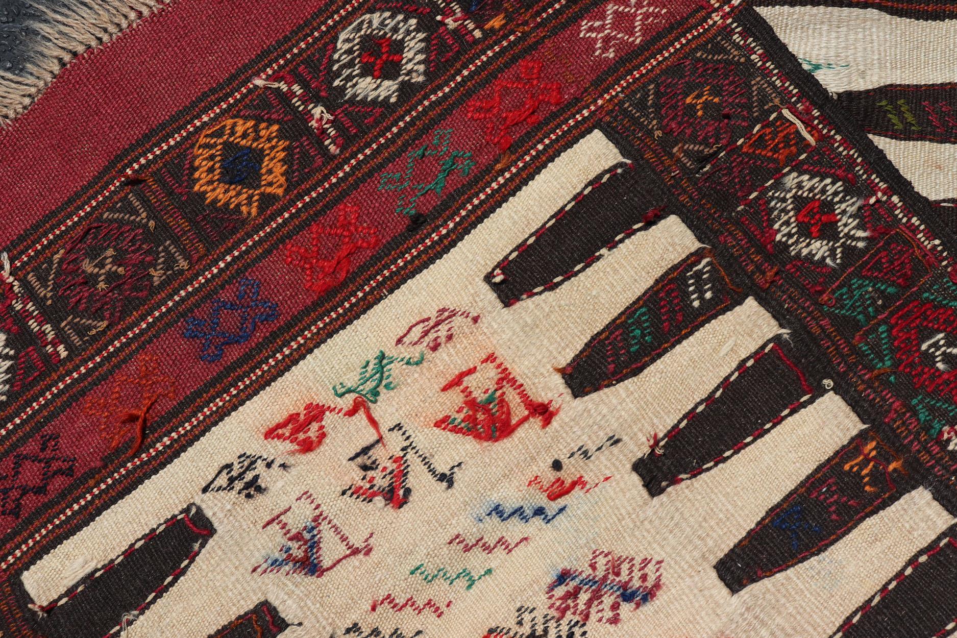 Vintage Tribal Baluch Rug With Pile and Kilim in Ivory Background 1