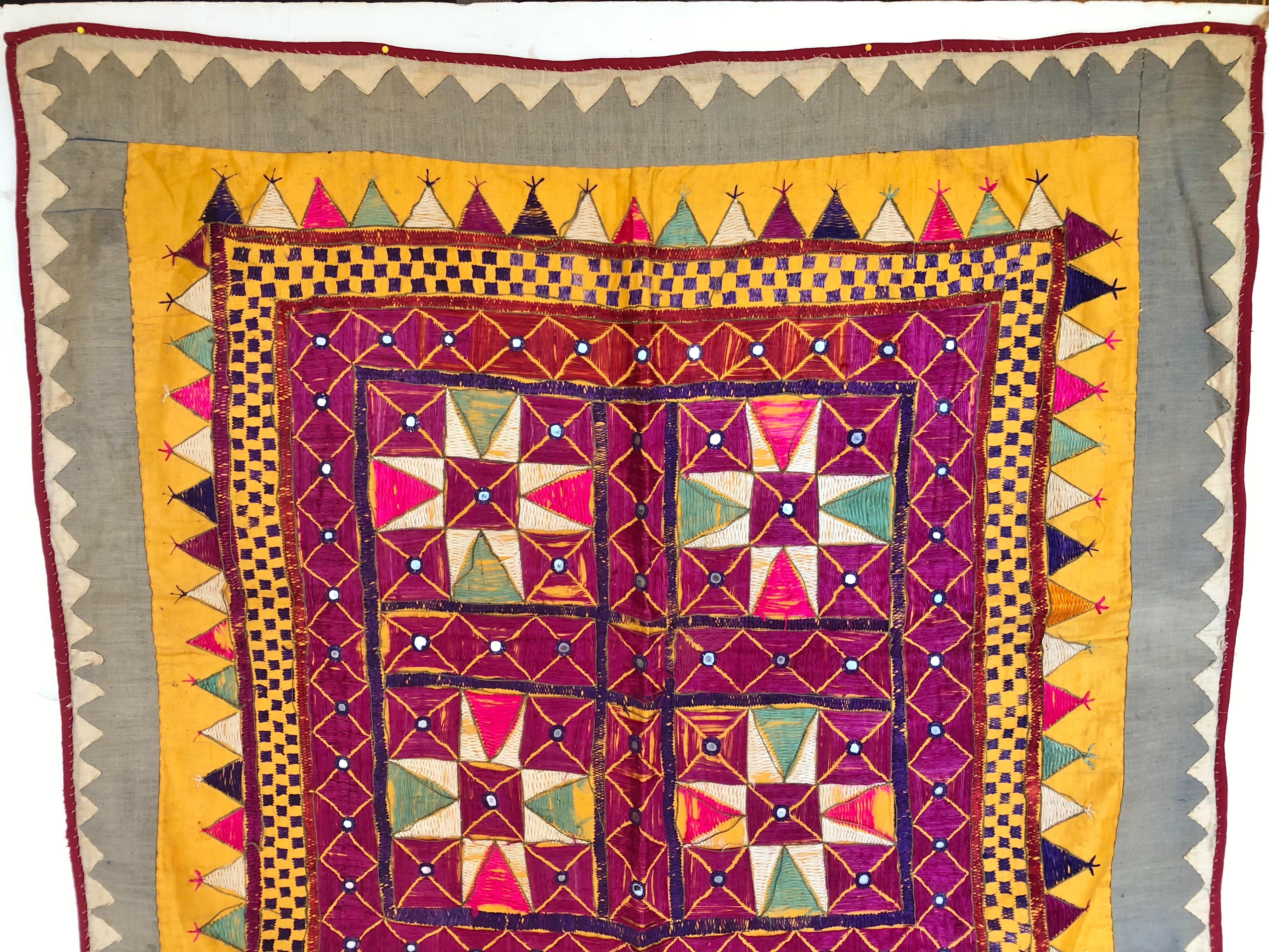 Hand-Woven Vintage Tribal Banjara Embroidered Chaakla with Mirrors, Wall Hanging, India For Sale