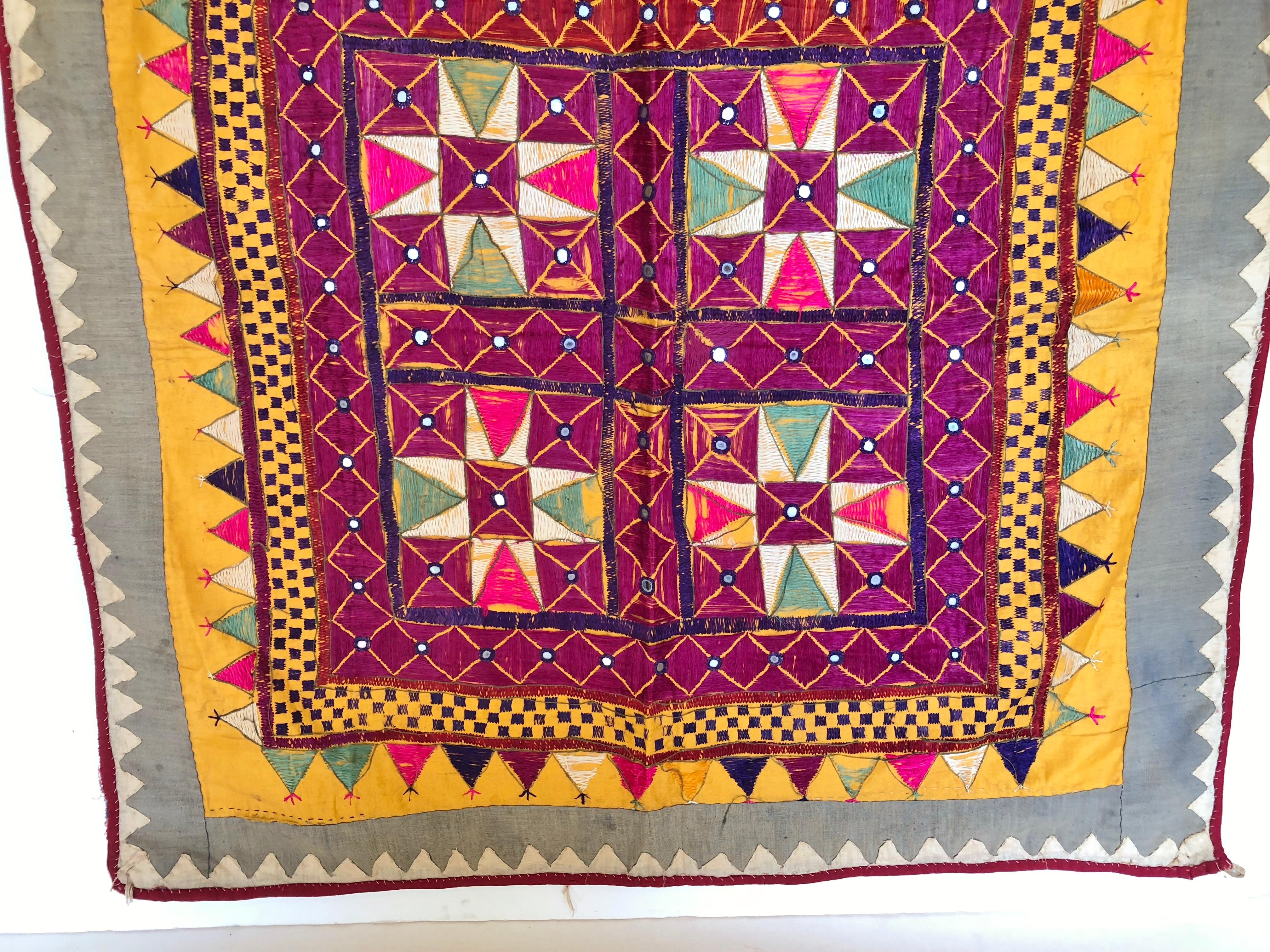 Vintage Tribal Banjara Embroidered Chaakla with Mirrors, Wall Hanging, India In Good Condition For Sale In Glen Ellyn, IL