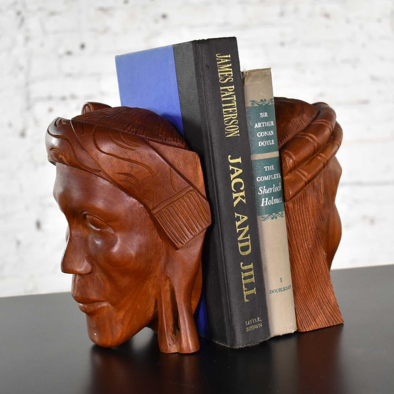 Vintage Tribal Bois Sculpté Figural Bookends Têtes seulement en vente 9