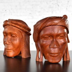 Vintage Tribal Carved Wood Figural Bookends Heads Only