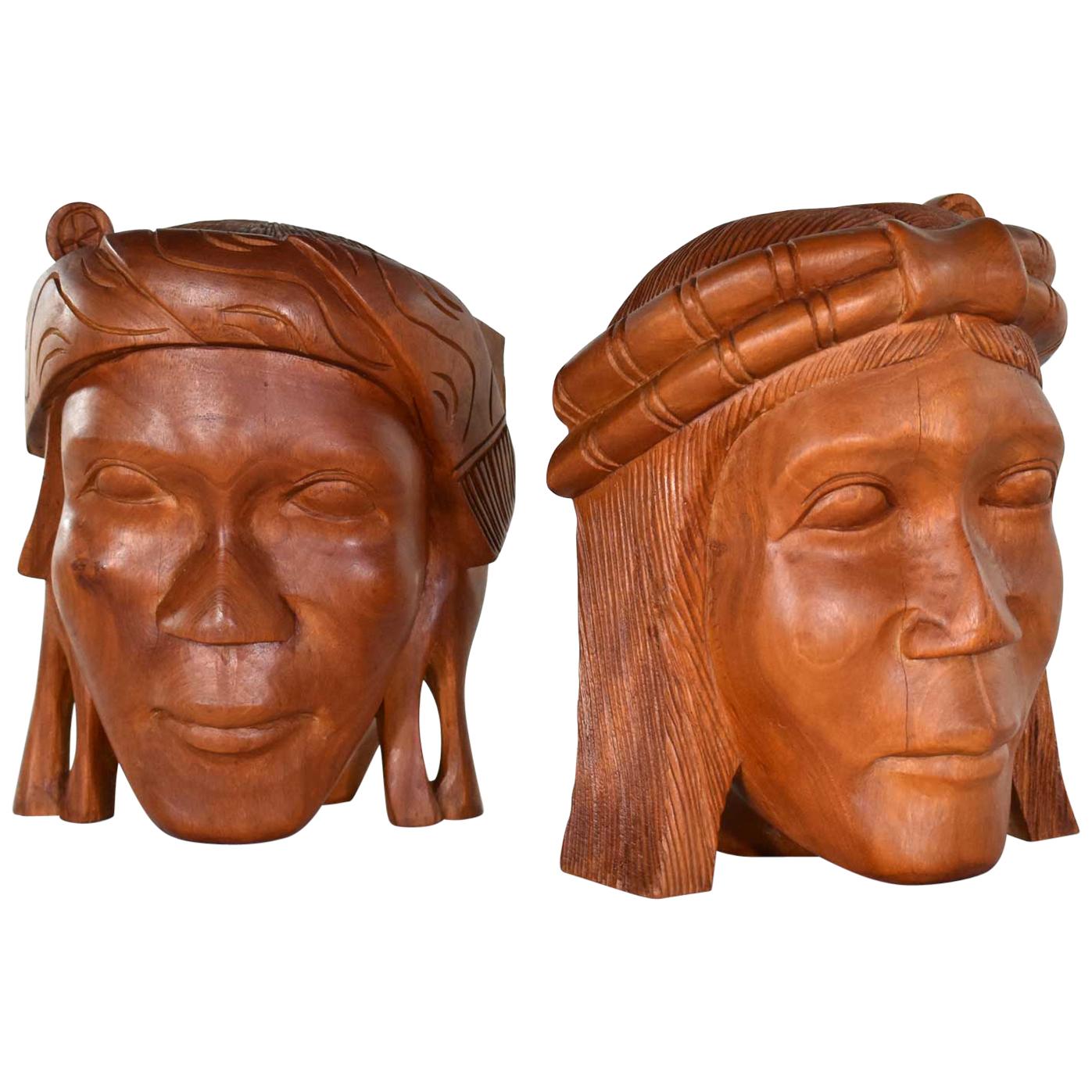 Vintage Tribal Carved Wood Figural Bookends Heads Only For Sale