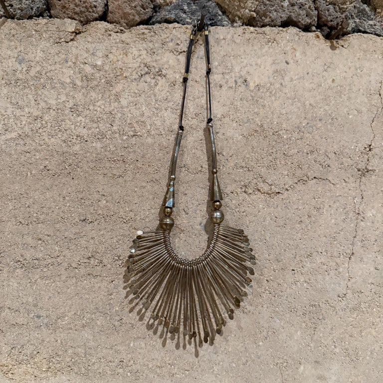 Vintage Tribal Spoon Bib Necklace, Metal and Leather, 1980s Design 