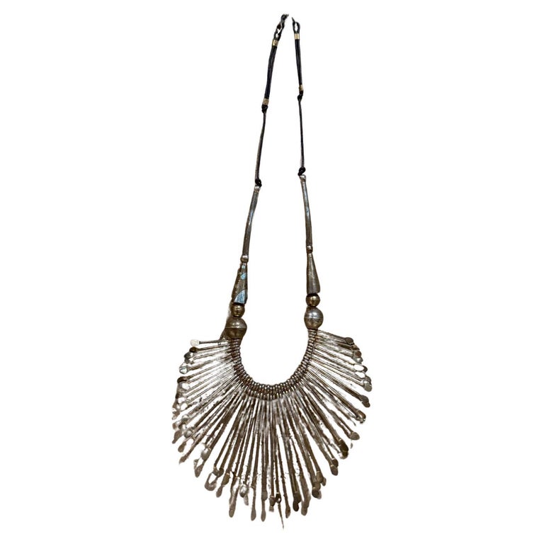Vintage Tribal Spoon Bib Necklace, Metal and Leather, 1980s Design 