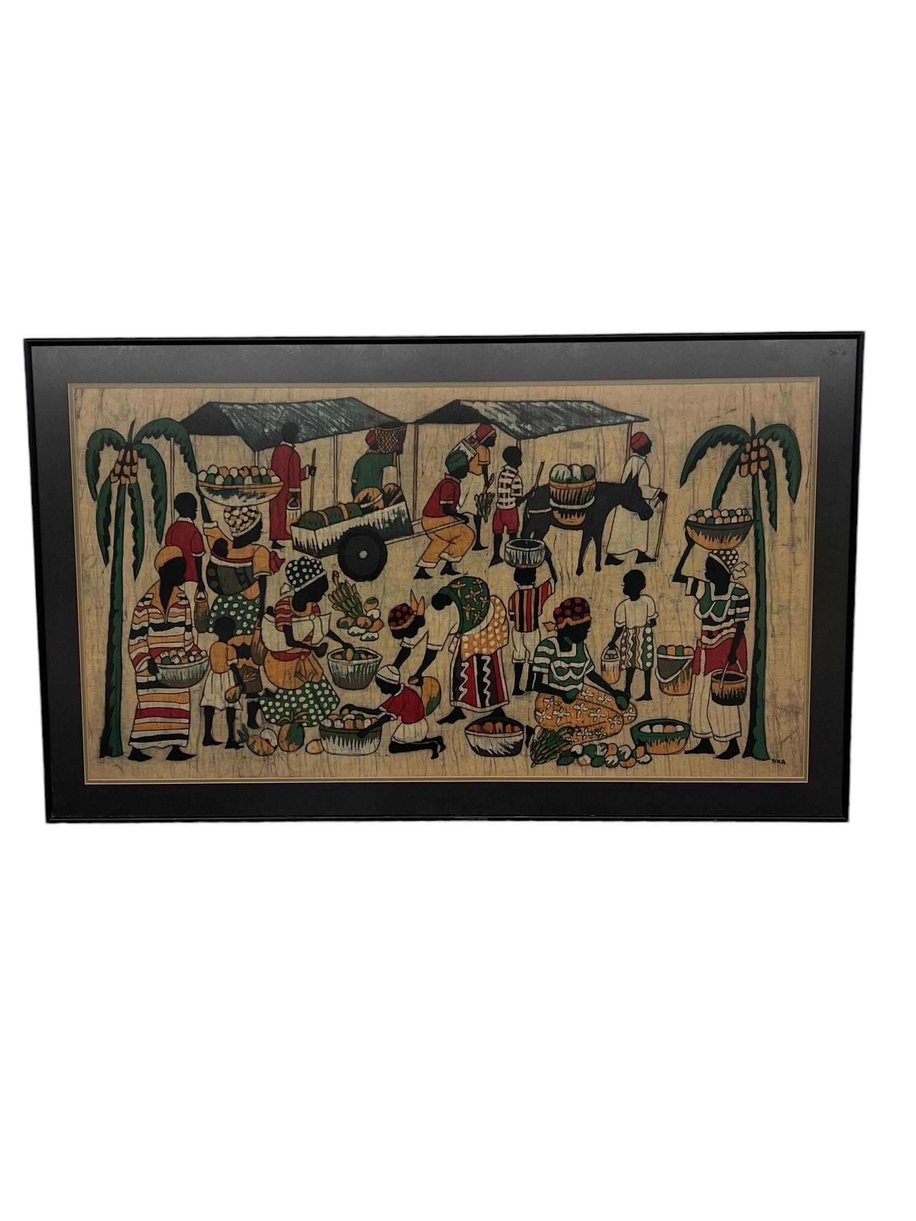 Vintage African Folk Art Batik Fabric Painting Art with Mid Century Modern Influence and wooden outer Framing. En bon état vintage.

Dimensions  35W 1D 21H