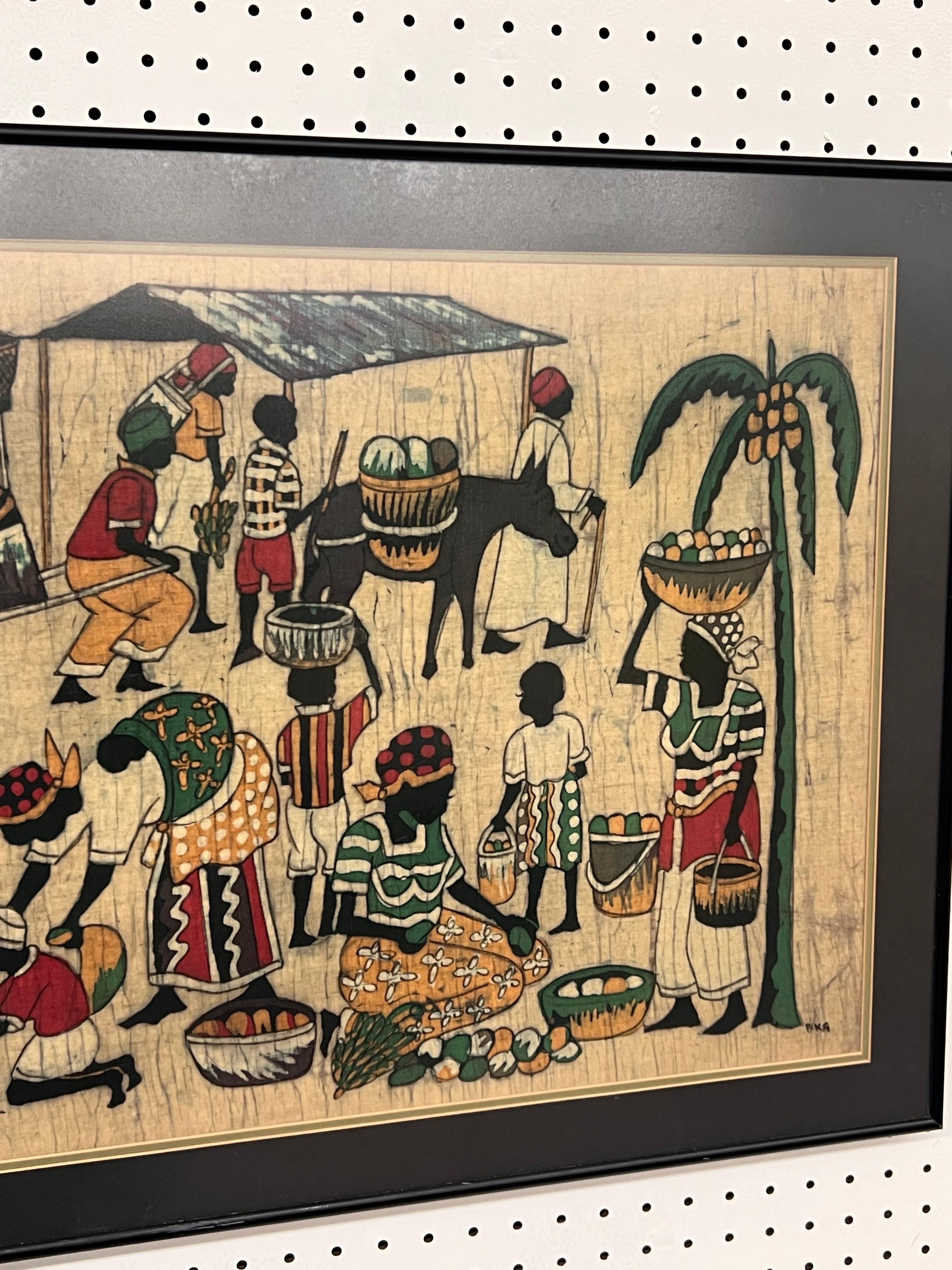Peinture artisanale tribale vintage en tissu batik avec art moderne du milieu du siècle dernier Bon état - En vente à Seattle, WA