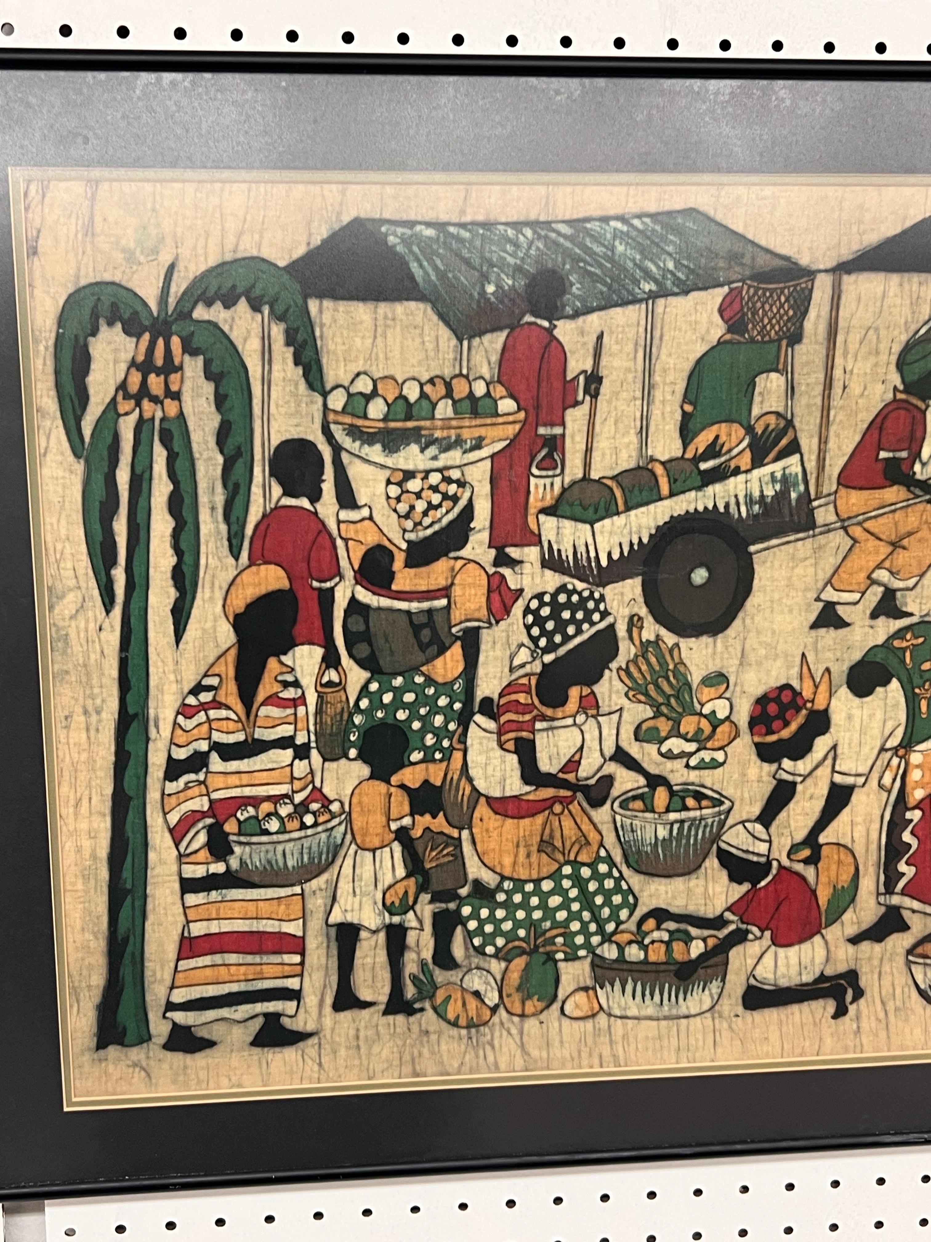 Fin du 20e siècle Peinture artisanale tribale vintage en tissu batik avec art moderne du milieu du siècle dernier en vente