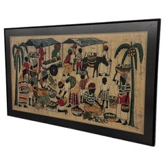 Vintage Tribal Folk Art Batik Fabric Painting Art with Mid Century Modern