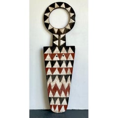 Vintage Tribal Geometric Painted Wood Shield
