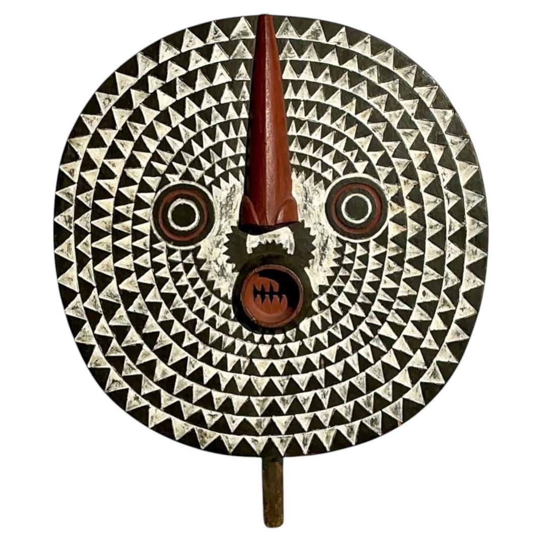 Vintage Tribal Geometric Painted Wood Shield