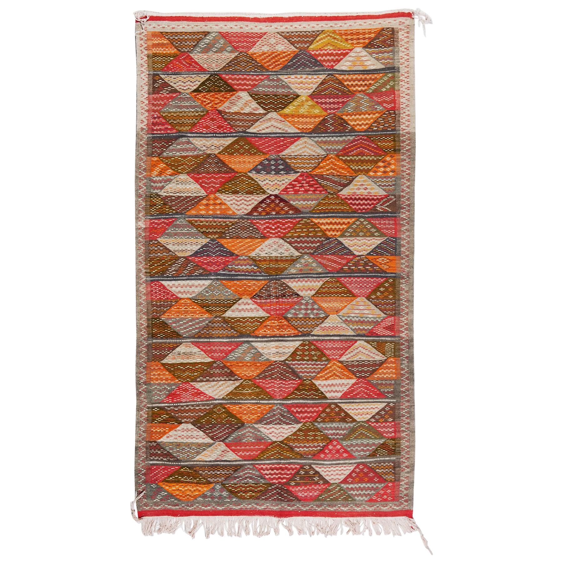 Vintage Tribal Handwoven Wool and Organic Dye Rug or Carpet in Triangle Patterns