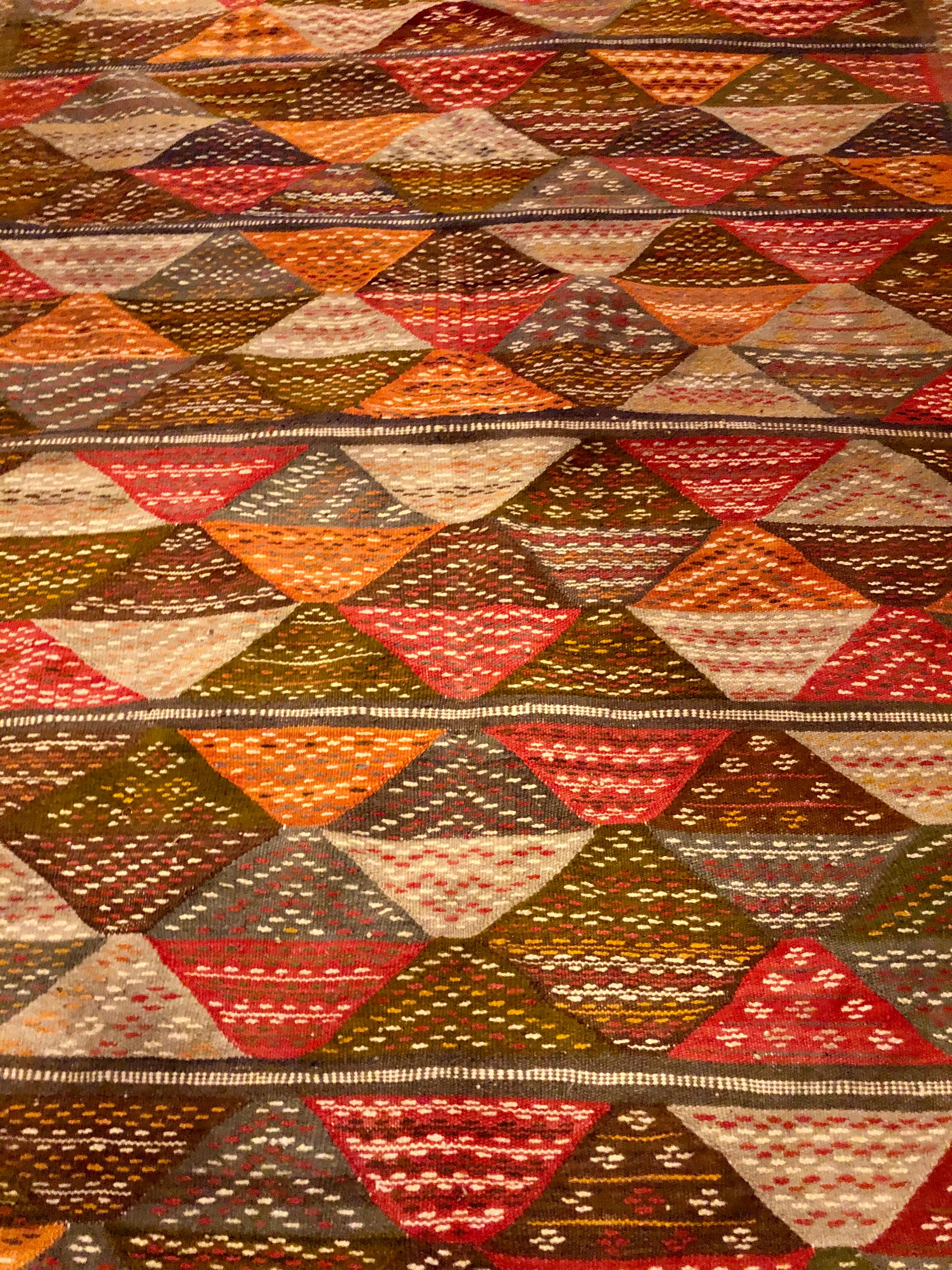 Late 20th Century Vintage Tribal Handwoven Wool and Organic Dye Rug or Carpet in Triangle Patterns