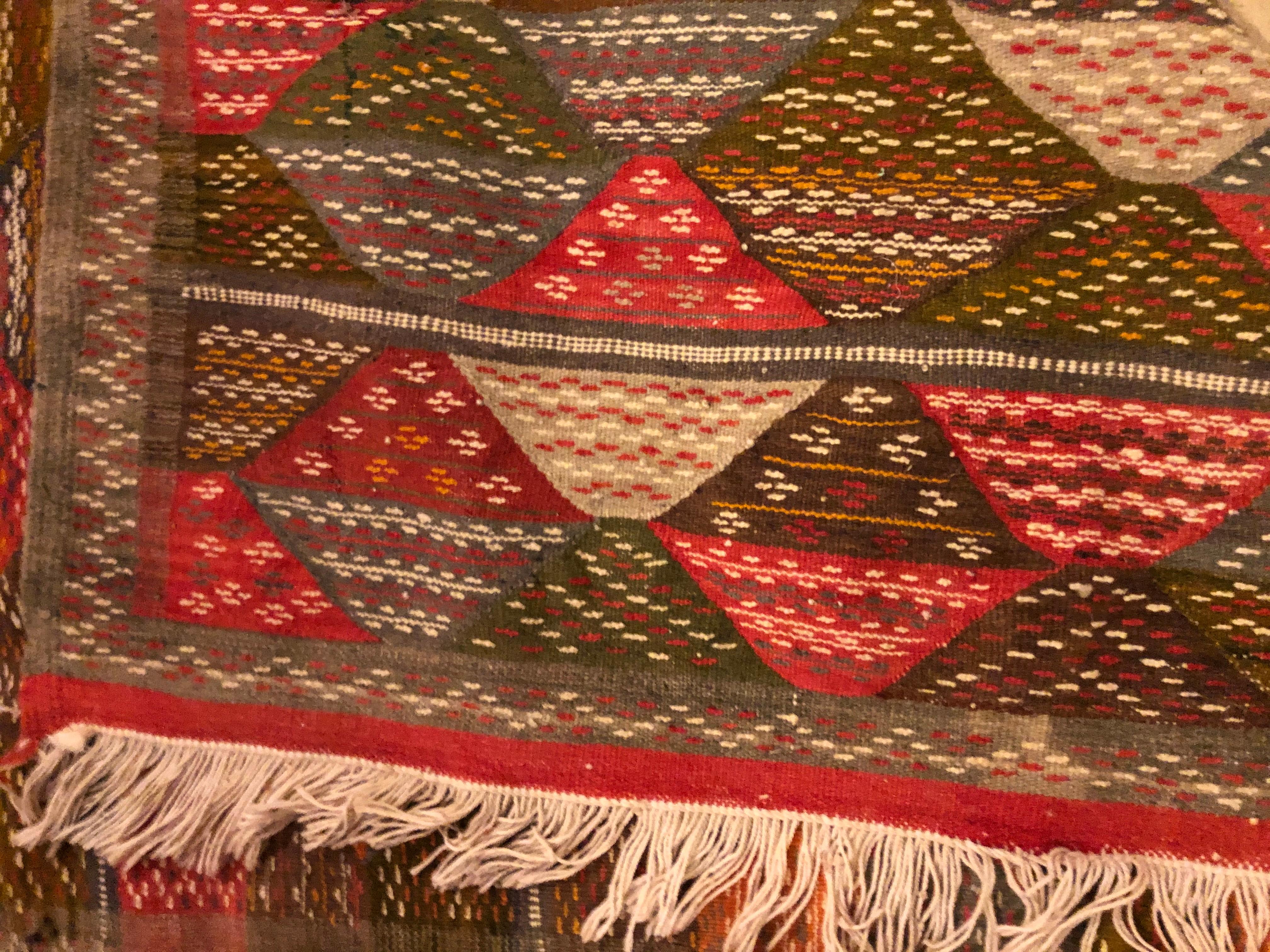 Vintage Tribal Handwoven Wool and Organic Dye Rug or Carpet in Triangle Patterns 3