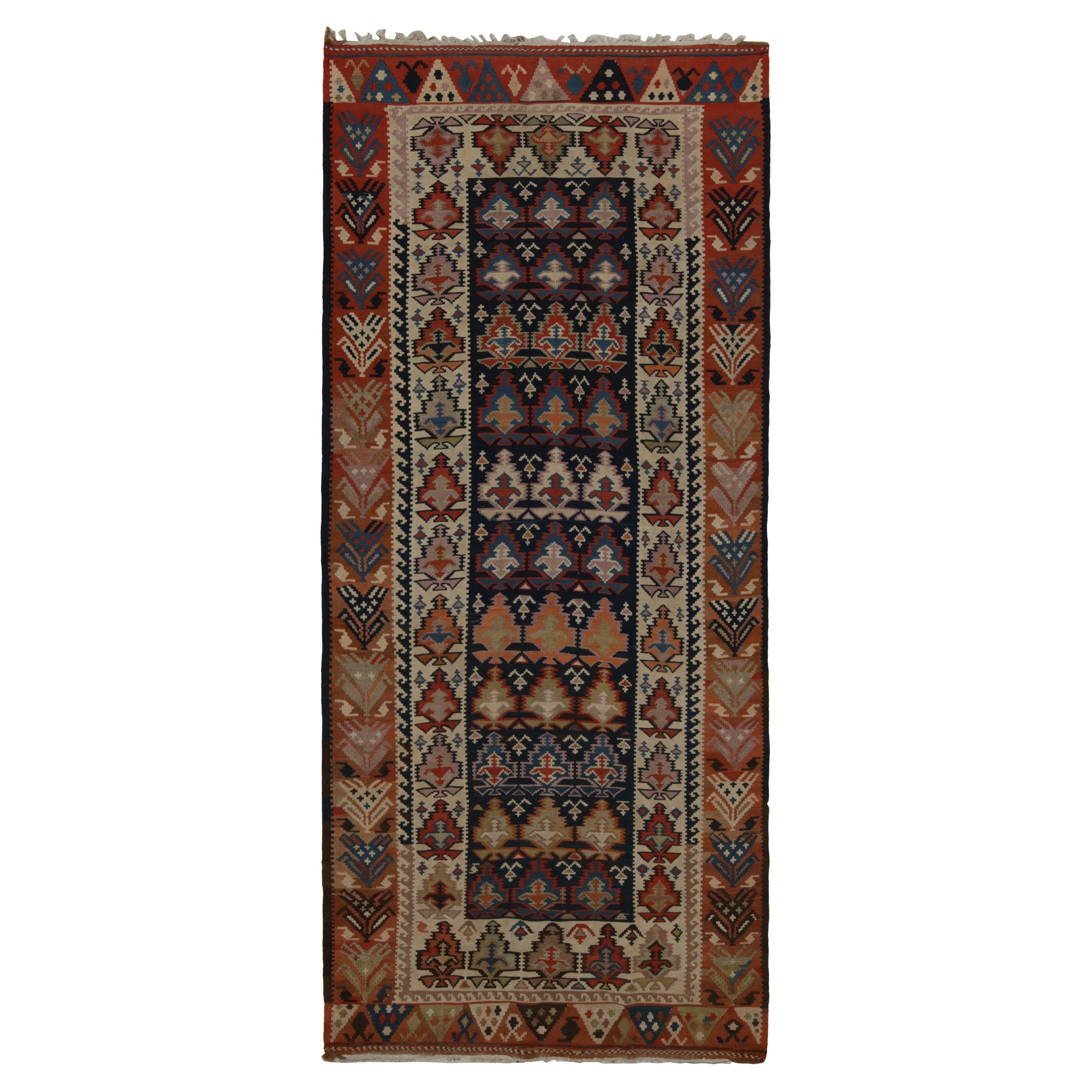 Vintage Stammes-Kilim in blau-braunen geometrischen Mustern, von Rug & Kilim