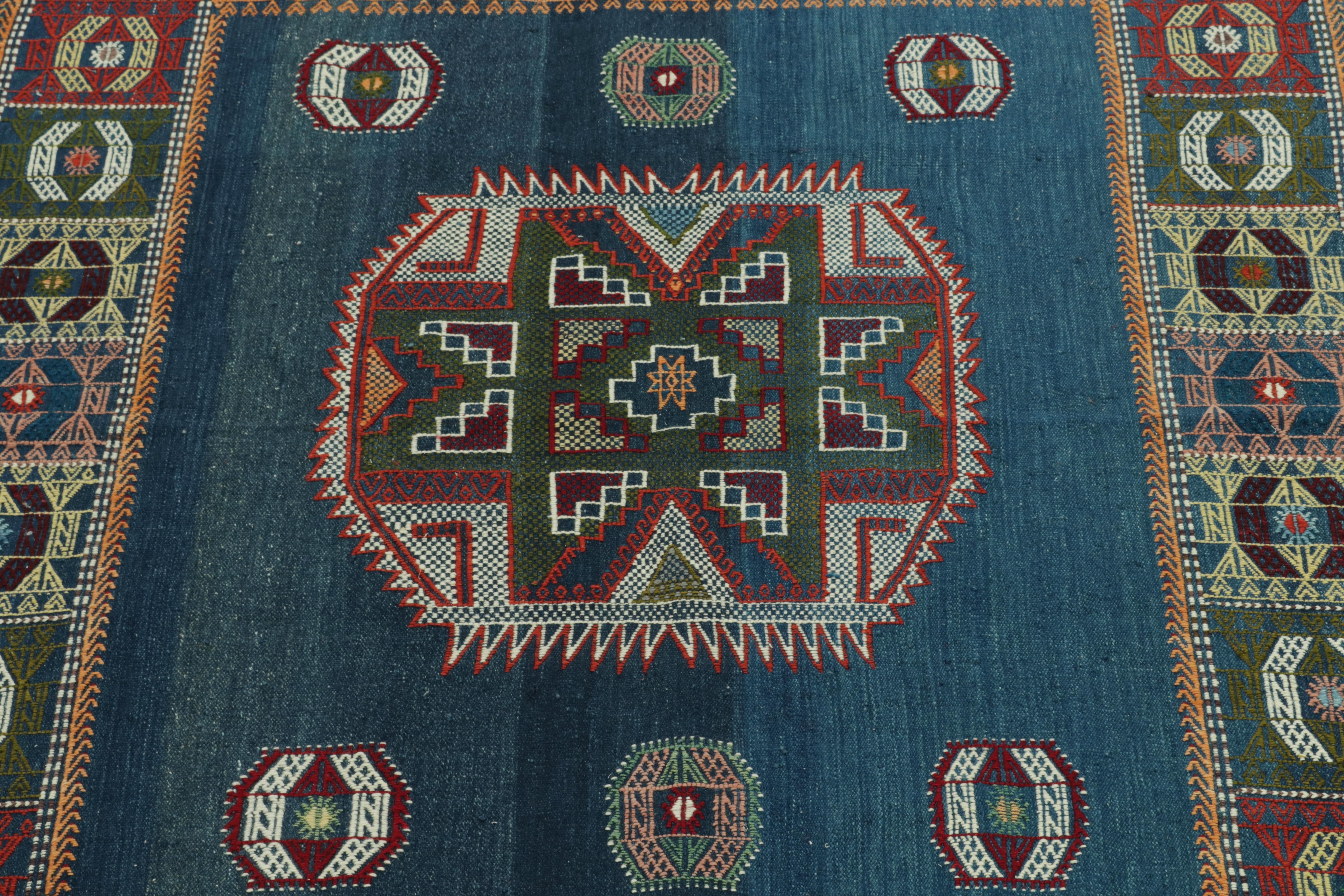 Hand-Knotted Vintage Tribal Kilim in Blue with Green Medallion Pattern by Rug & Kilim