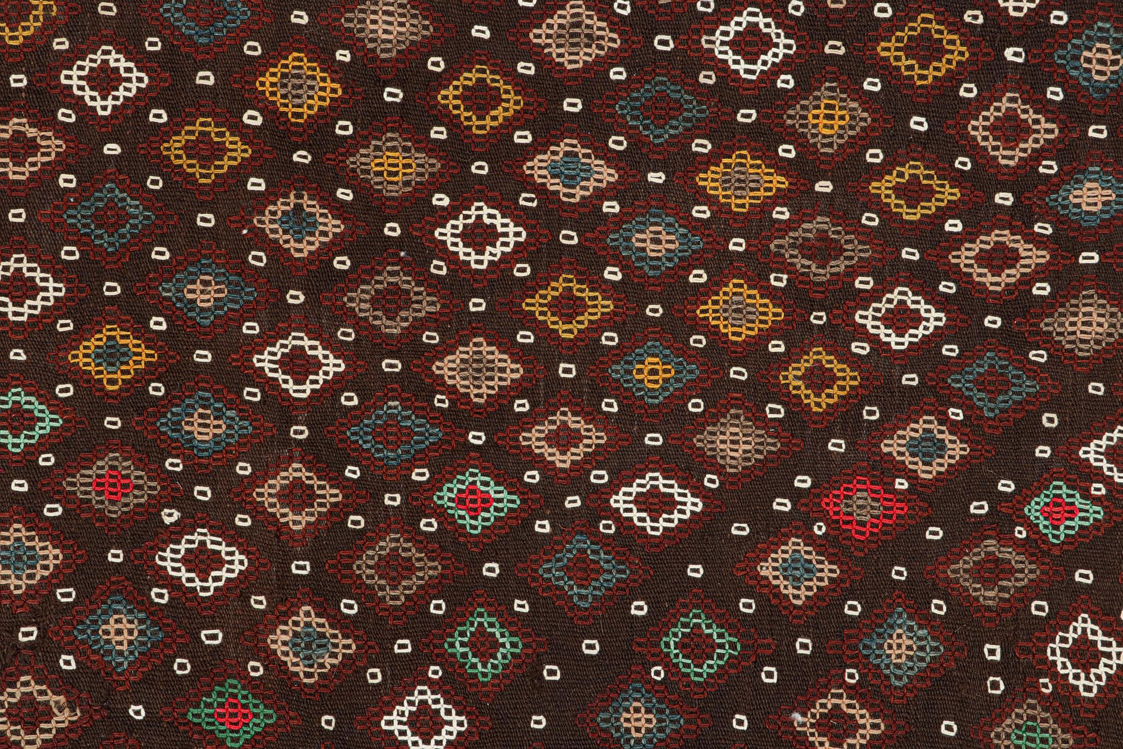 Mid-20th Century Vintage Tribal Kilim in Brown with Polychromatic Diamond Patterns by Rug & Kilim For Sale